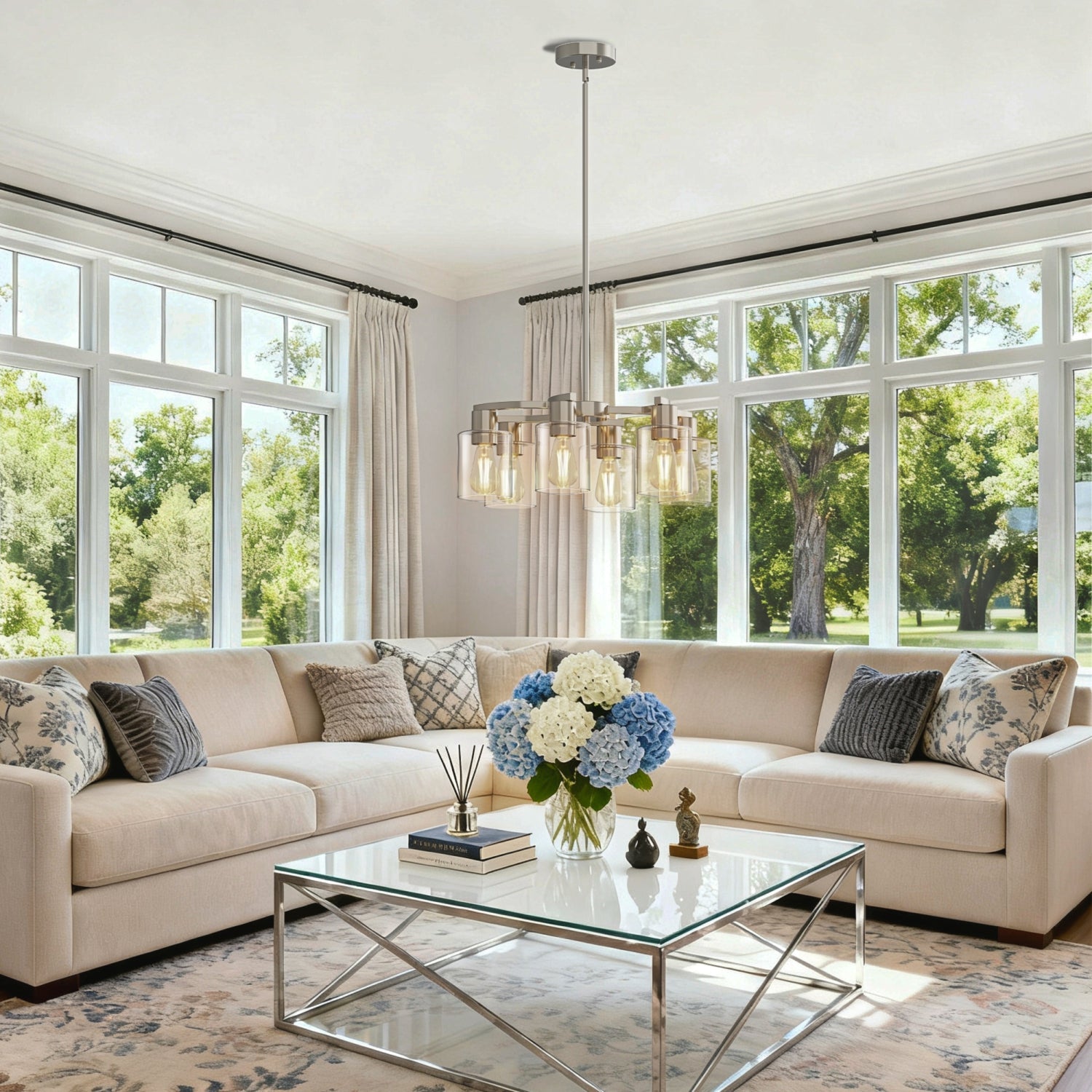 Jandcase 6-Light Sand Nickel Twisted Branch Chandelier with Explosion-Proof Glass Shades, Traditional Hanging Pendant Light