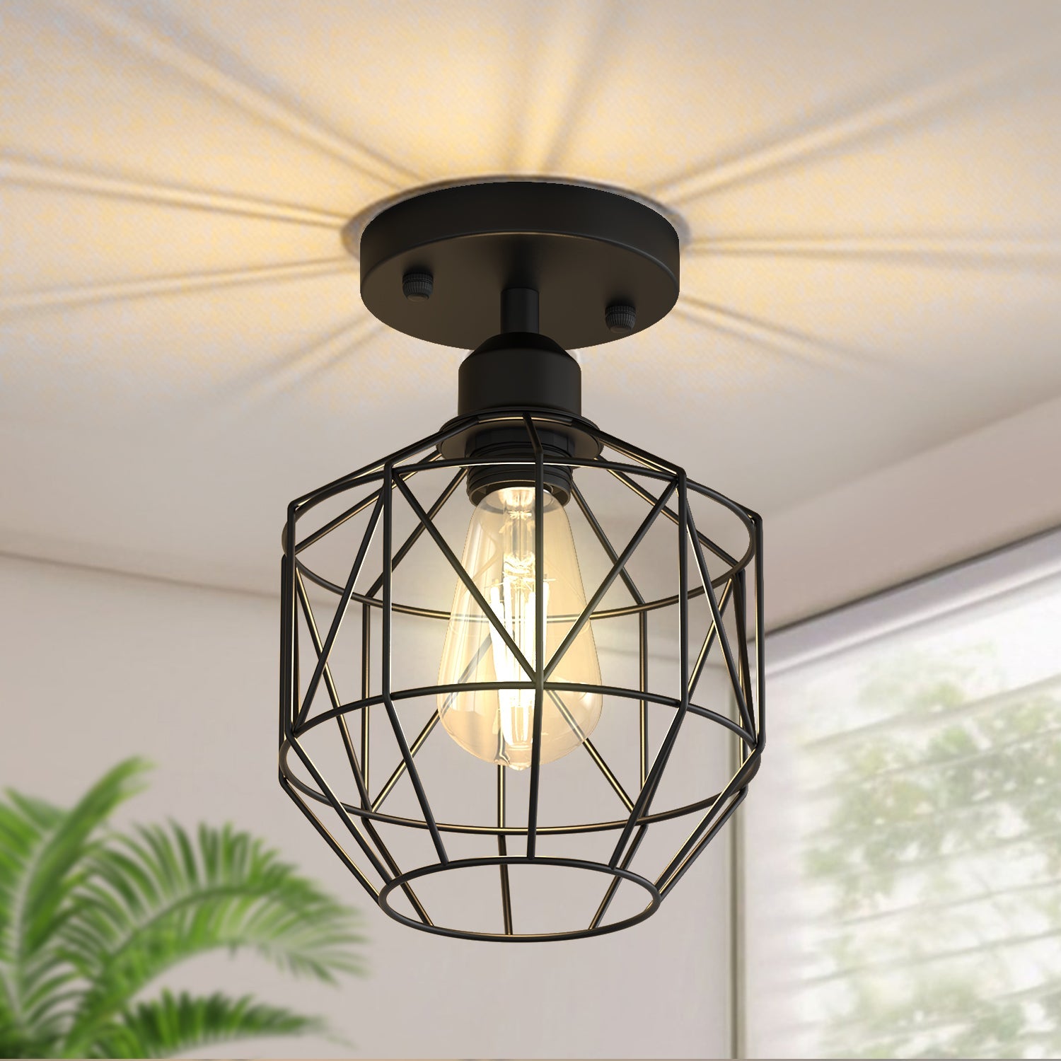 Jandcase 7.2 in. 1-Light Matte Black Traditional Semi Flush Mount Ceiling Light with Metal Wire Cage Shade, No Bulbs Included