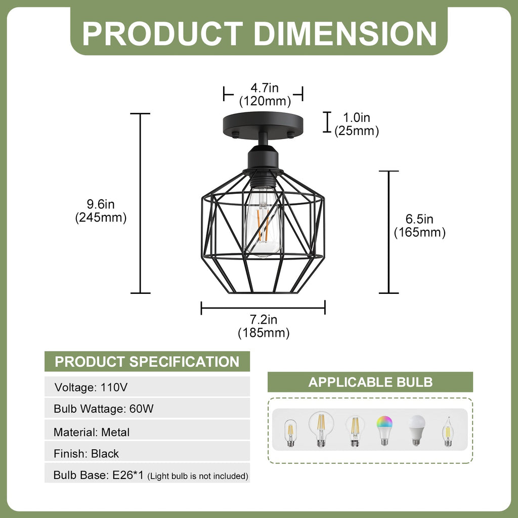 Jandcase 7.2 in. 1-Light Matte Black Traditional Semi Flush Mount Ceiling Light with Metal Wire Cage Shade, No Bulbs Included