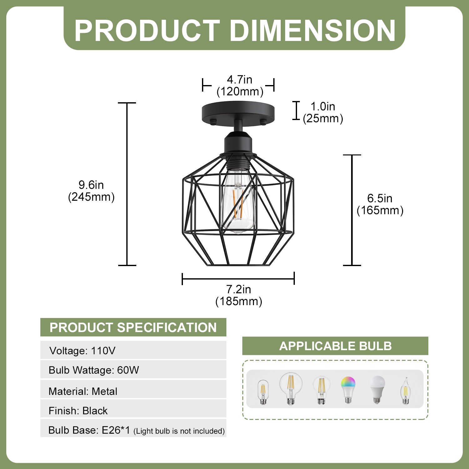 Jandcase 7.2 in. 1-Light Matte Black Traditional Semi Flush Mount Ceiling Light with Metal Wire Cage Shade, No Bulbs Included