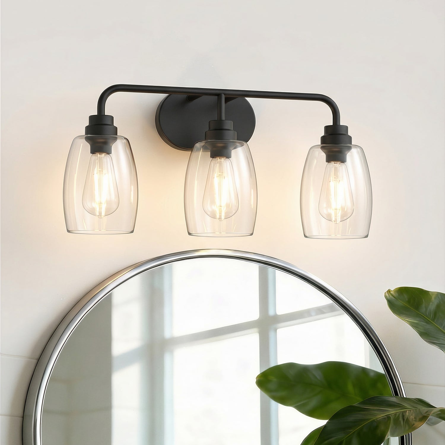 Jandcase 20.8 in. 3-Light Black Metal Vanity Light with Curved Pear Clear Glass Shades, Traditional Bathroom Fixture