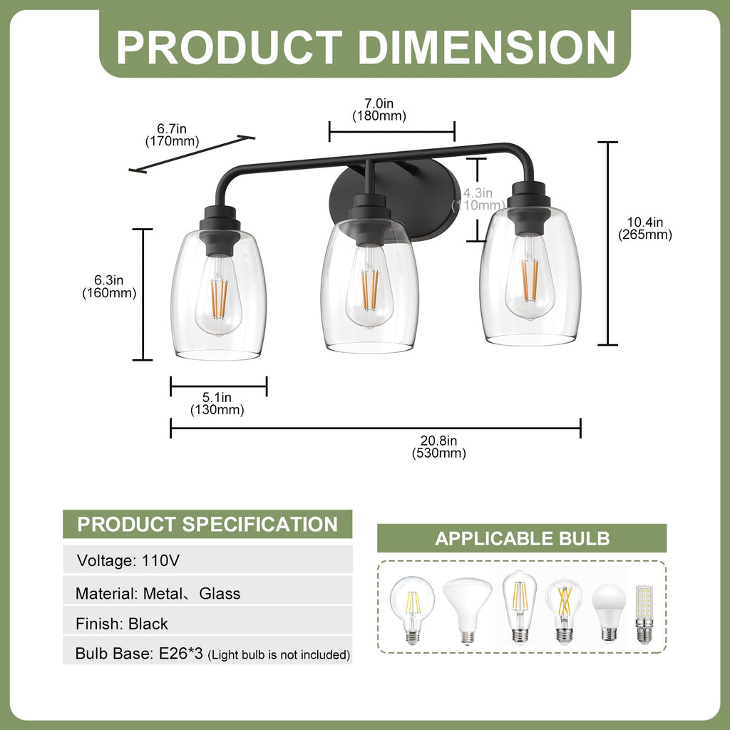 Jandcase 20.8 in. 3-Light Black Metal Vanity Light with Curved Pear Clear Glass Shades, Traditional Bathroom Fixture