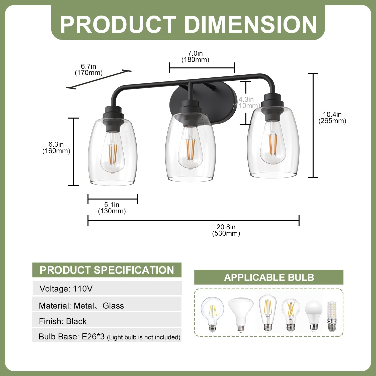 Jandcase 20.8 in. 3-Light Black Metal Vanity Light with Curved Pear Clear Glass Shades, Traditional Bathroom Fixture