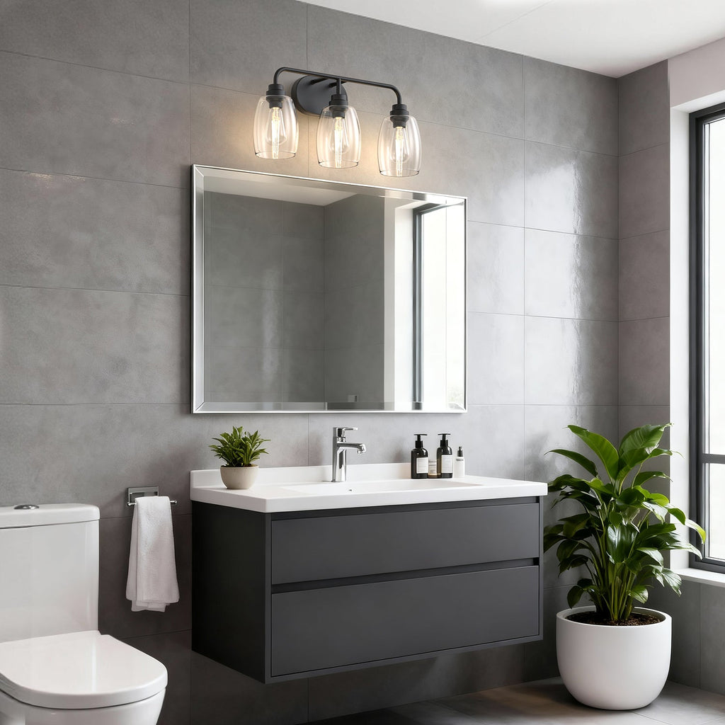 Jandcase 20.8 in. 3-Light Black Metal Vanity Light with Curved Pear Clear Glass Shades, Traditional Bathroom Fixture
