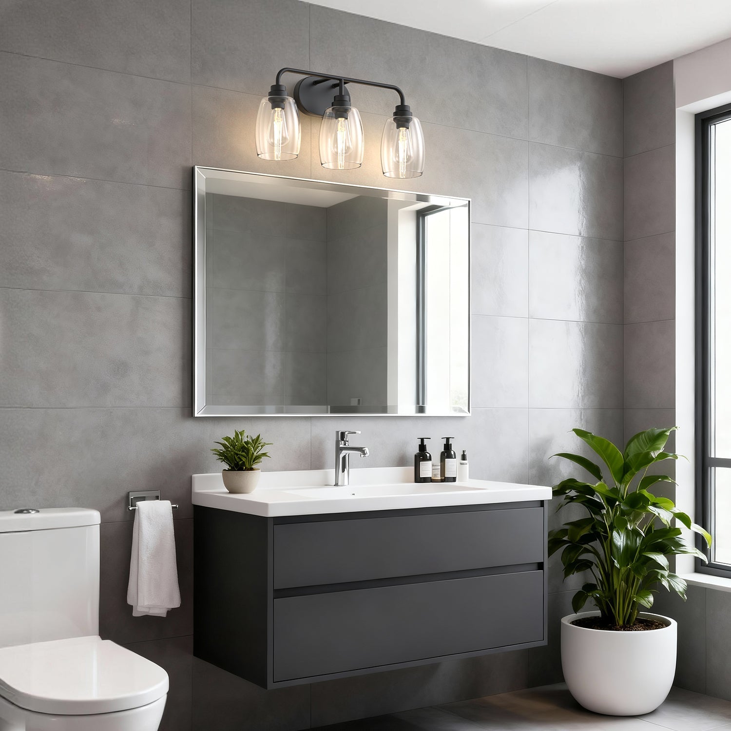 Jandcase 20.8 in. 3-Light Black Metal Vanity Light with Curved Pear Clear Glass Shades, Traditional Bathroom Fixture