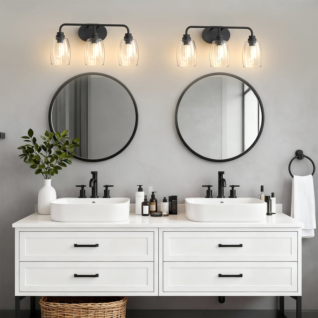 Jandcase 20.8 in. 3-Light Black Metal Vanity Light with Curved Pear Clear Glass Shades, Traditional Bathroom Fixture