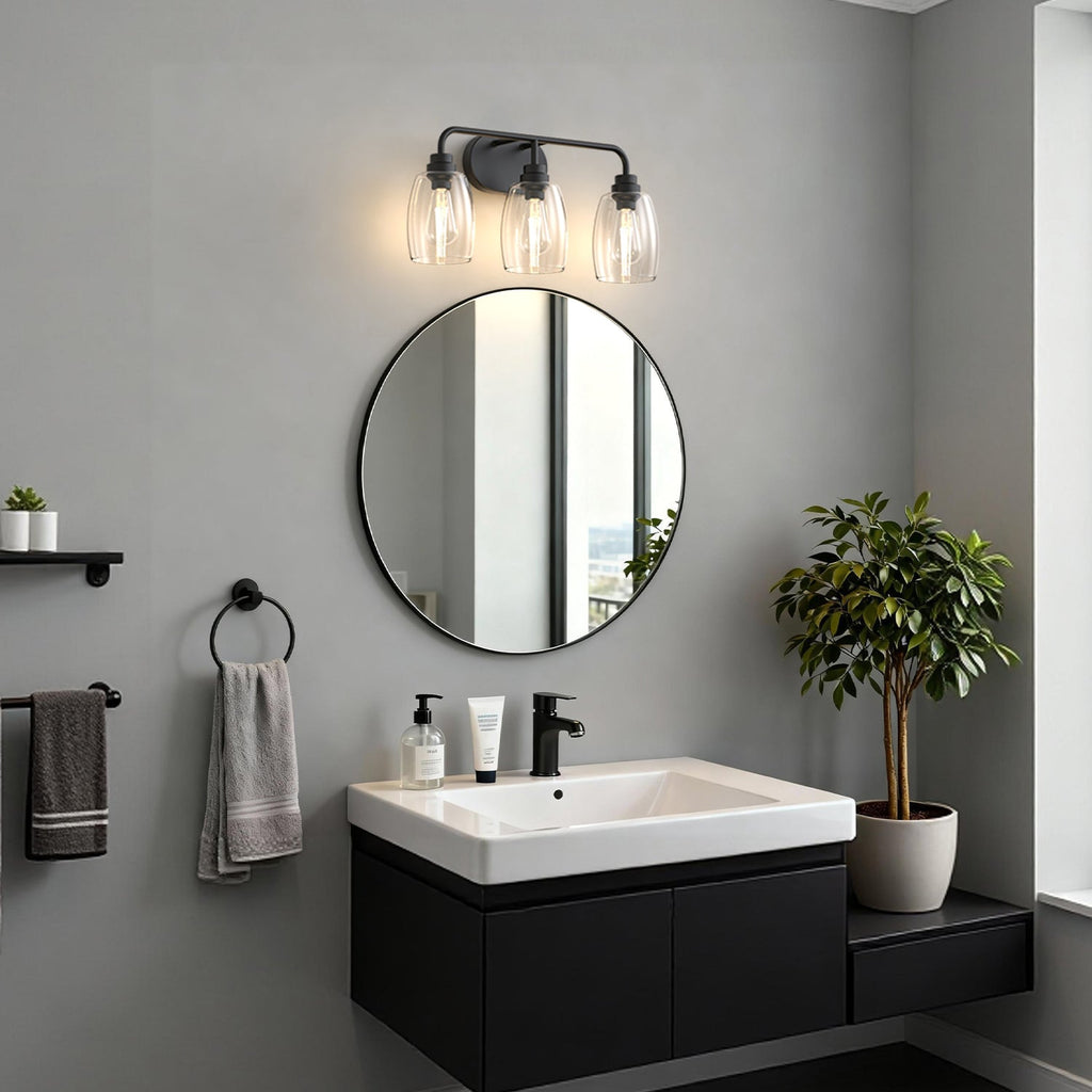 Jandcase 20.8 in. 3-Light Black Metal Vanity Light with Curved Pear Clear Glass Shades, Traditional Bathroom Fixture