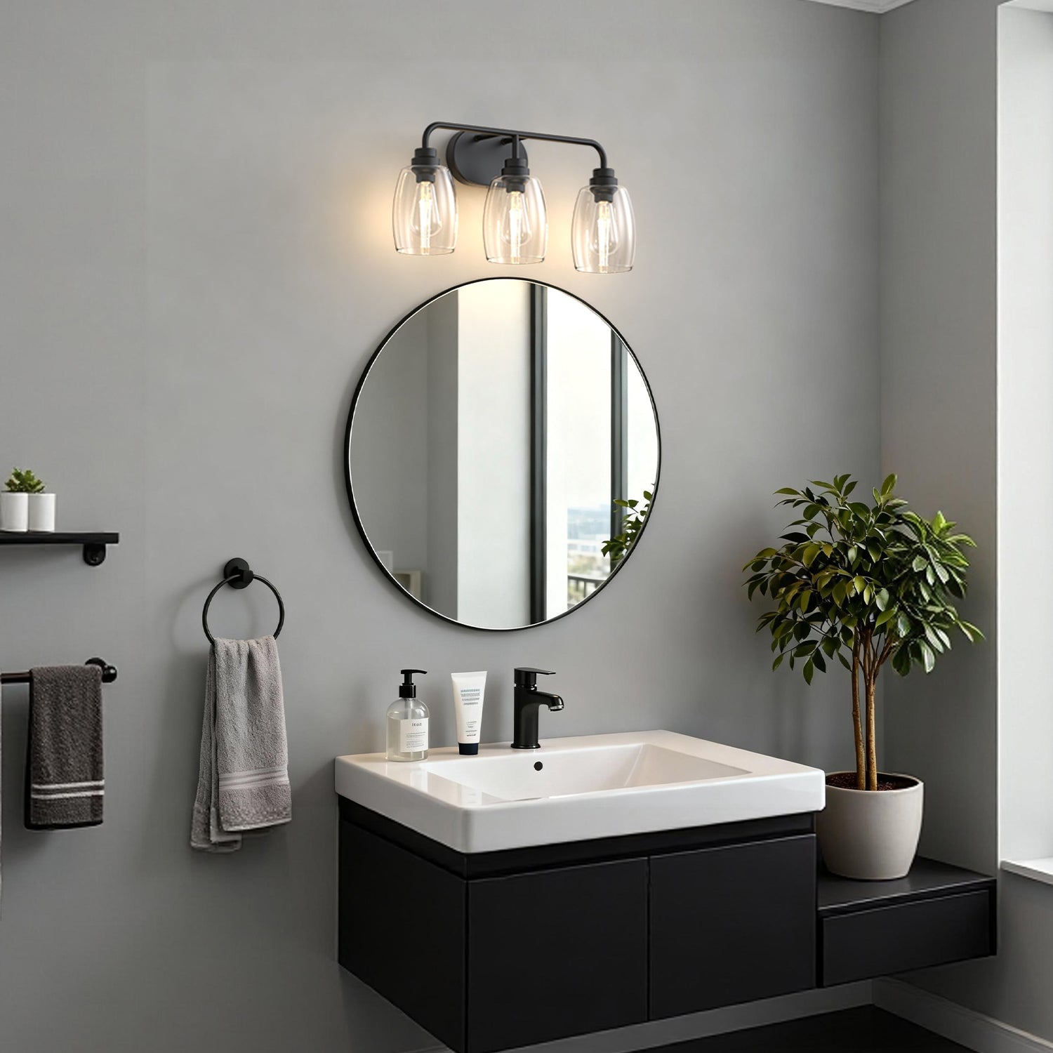 Jandcase 20.8 in. 3-Light Black Metal Vanity Light with Curved Pear Clear Glass Shades, Traditional Bathroom Fixture