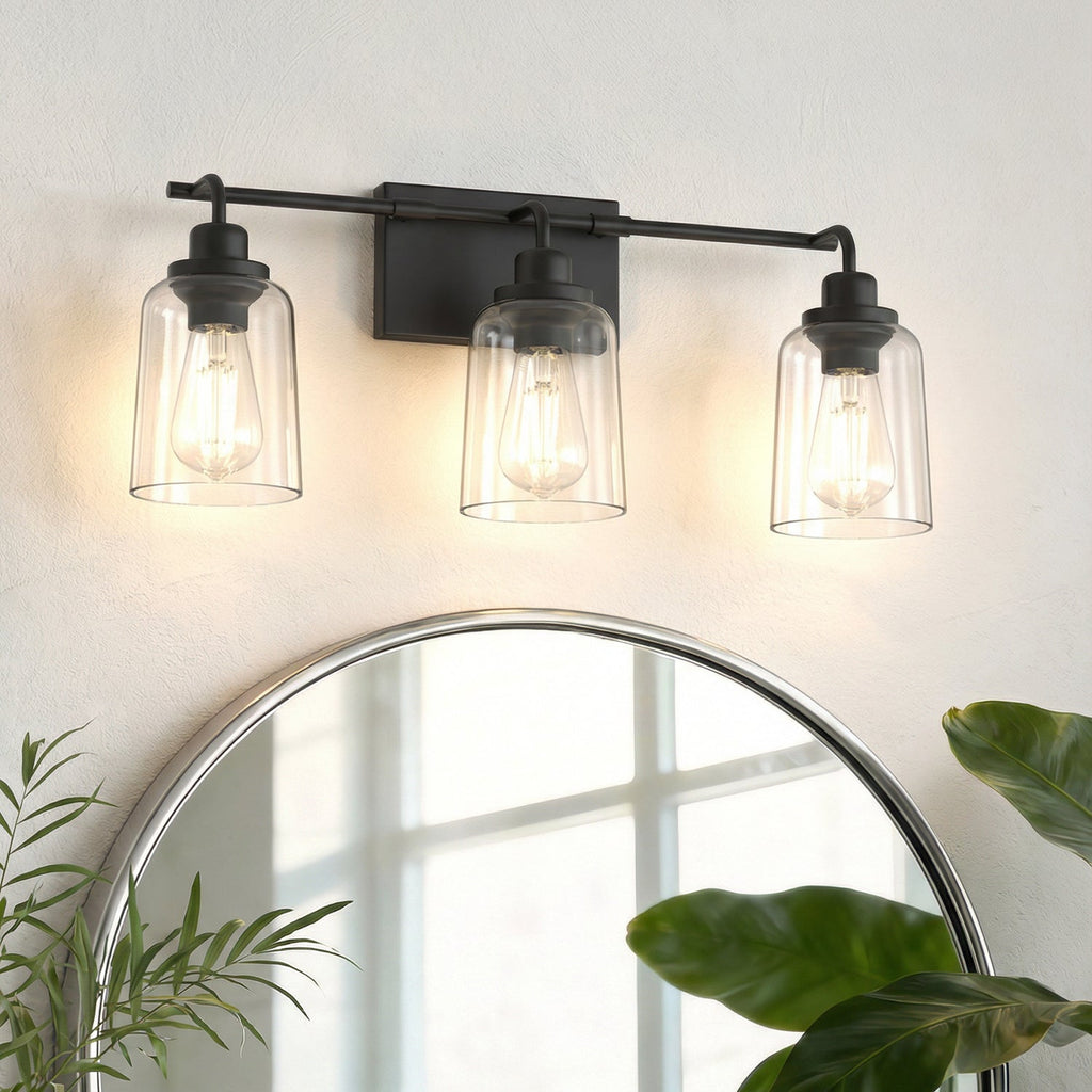 Jandcase 23.3 in. 3-Light Black Metal Vanity Wall Light with Curved Clear Glass Cylinder Shades, Traditional Bathroom Fixture