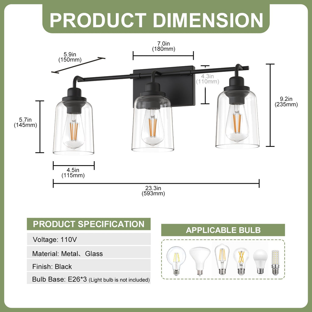 Jandcase 23.3 in. 3-Light Black Metal Vanity Wall Light with Curved Clear Glass Cylinder Shades, Traditional Bathroom Fixture