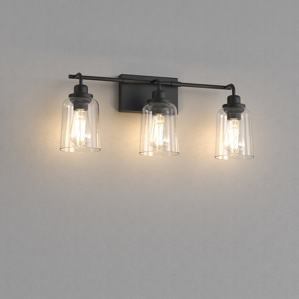 Jandcase 23.3 in. 3-Light Black Metal Vanity Wall Light with Curved Clear Glass Cylinder Shades, Traditional Bathroom Fixture