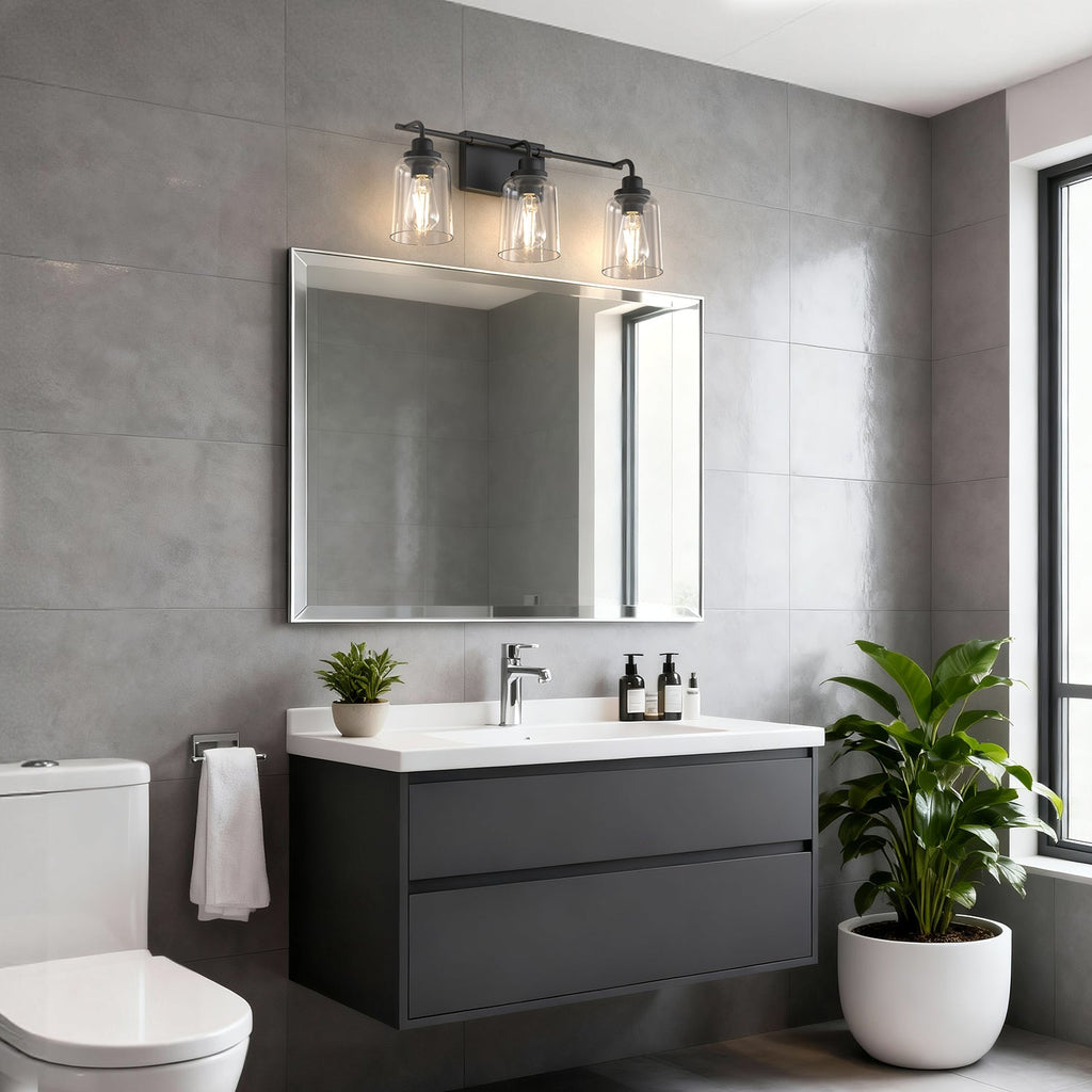 Jandcase 23.3 in. 3-Light Black Metal Vanity Wall Light with Curved Clear Glass Cylinder Shades, Traditional Bathroom Fixture