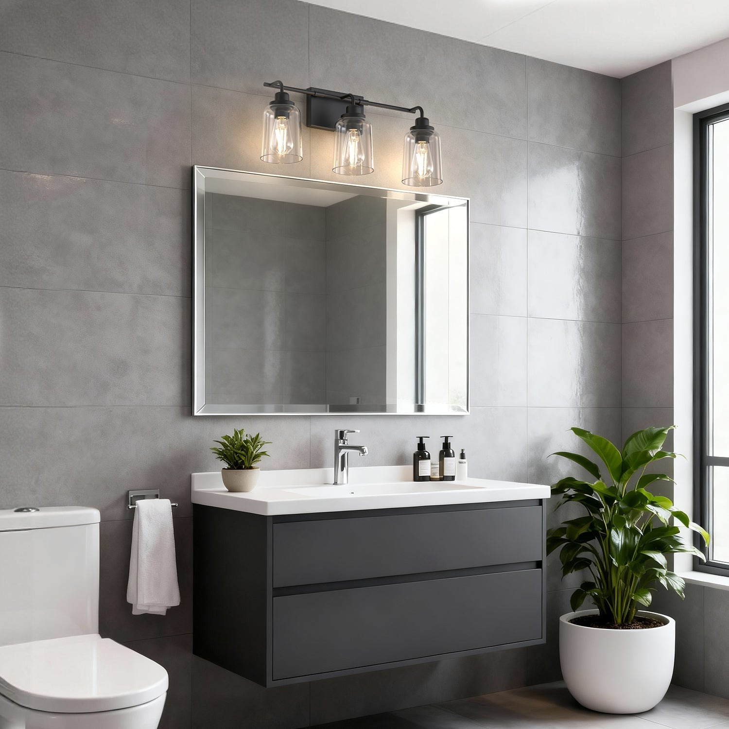 Jandcase 23.3 in. 3-Light Black Metal Vanity Wall Light with Curved Clear Glass Cylinder Shades, Traditional Bathroom Fixture