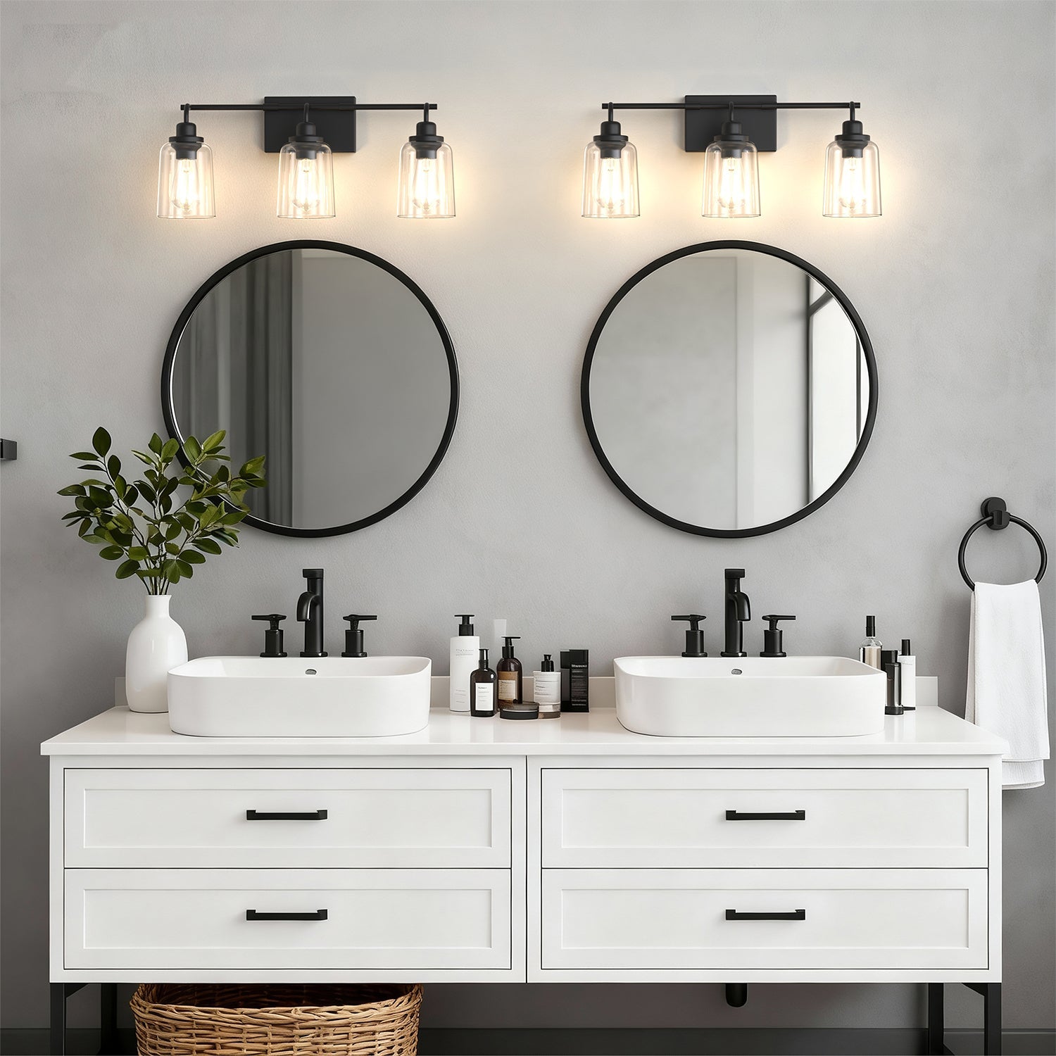 Jandcase 23.3 in. 3-Light Black Metal Vanity Wall Light with Curved Clear Glass Cylinder Shades, Traditional Bathroom Fixture