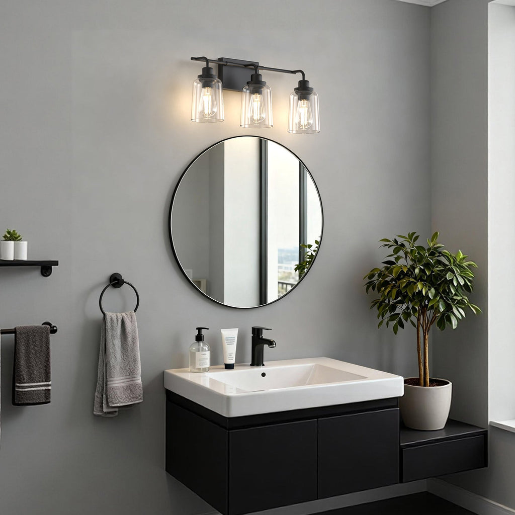 Jandcase 23.3 in. 3-Light Black Metal Vanity Wall Light with Curved Clear Glass Cylinder Shades, Traditional Bathroom Fixture