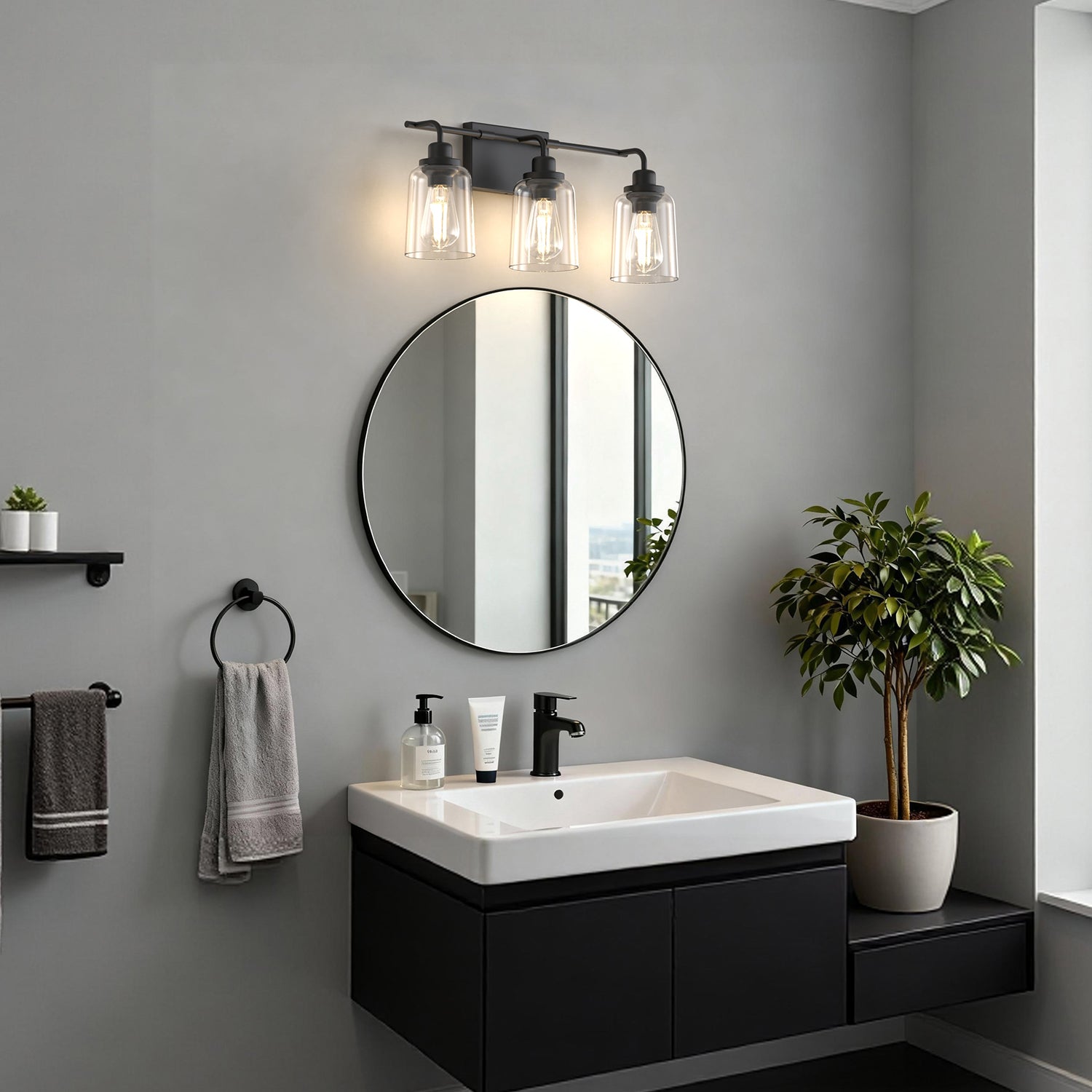 Jandcase 23.3 in. 3-Light Black Metal Vanity Wall Light with Curved Clear Glass Cylinder Shades, Traditional Bathroom Fixture