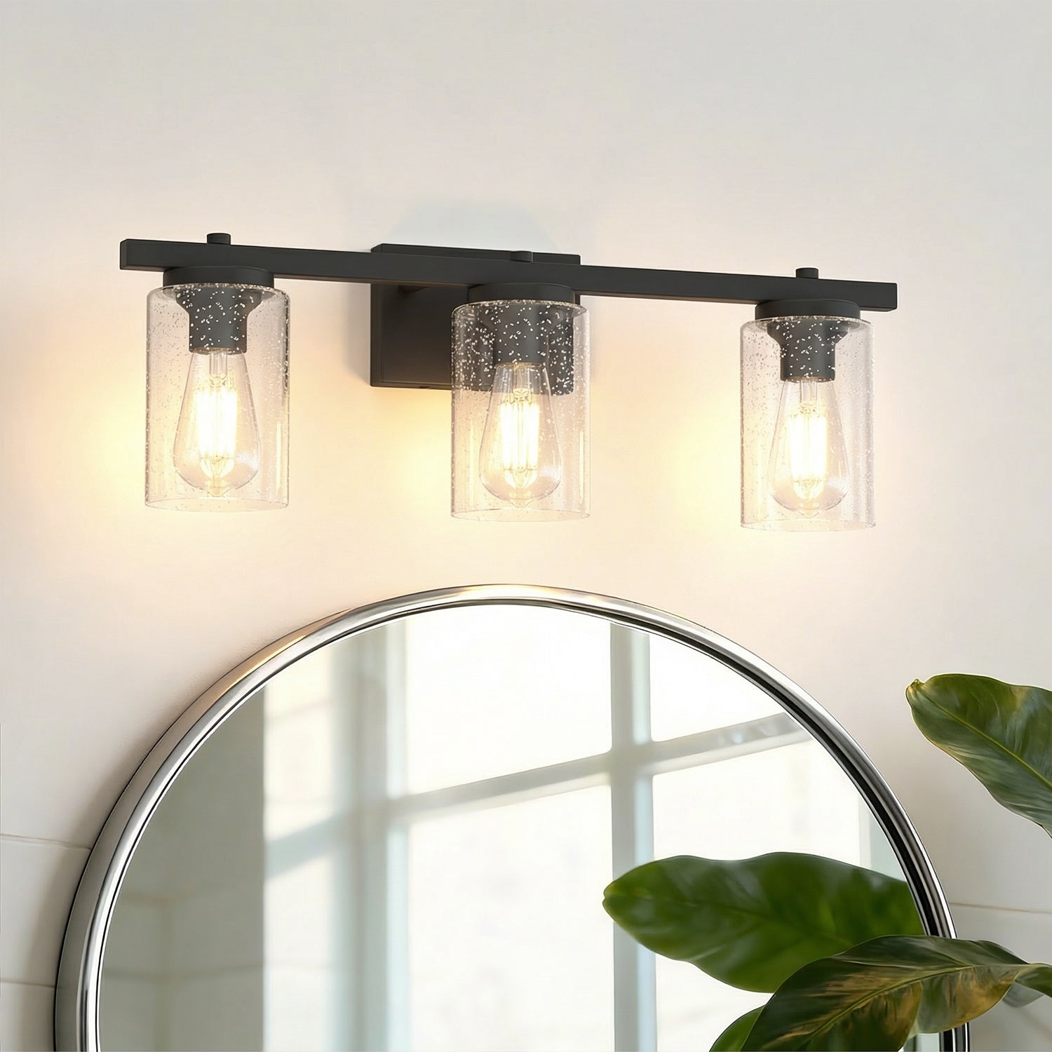 Jandcase 24 in. 3-Light Black Metal Vanity Wall Light with Curved Clear Glass Cylinder Shades