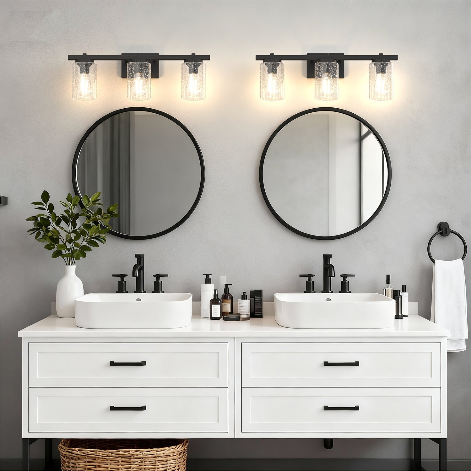 Jandcase 24 in. 3-Light Black Metal Vanity Wall Light with Curved Clear Glass Cylinder Shades