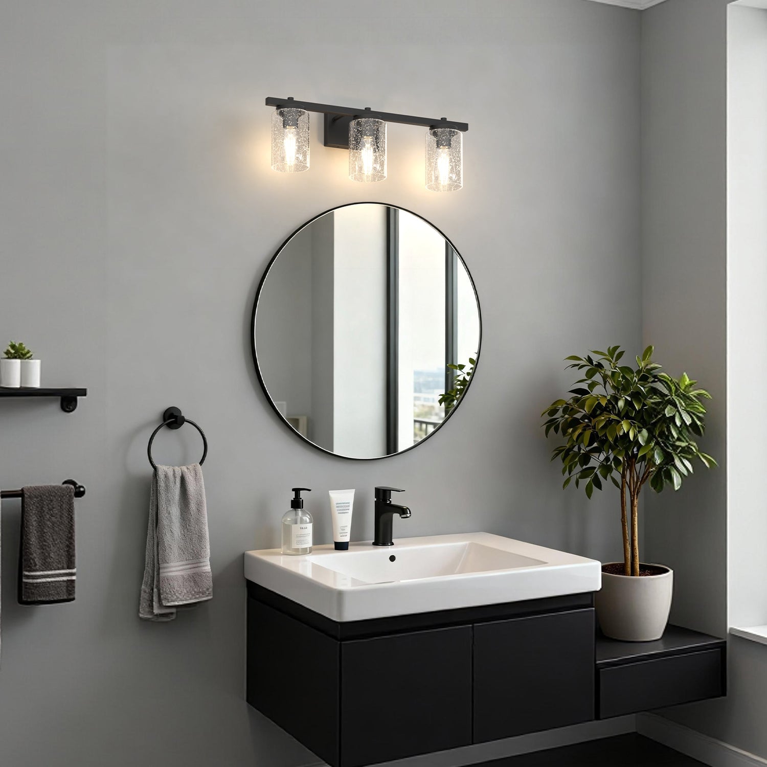 Jandcase 24 in. 3-Light Black Metal Vanity Wall Light with Curved Clear Glass Cylinder Shades