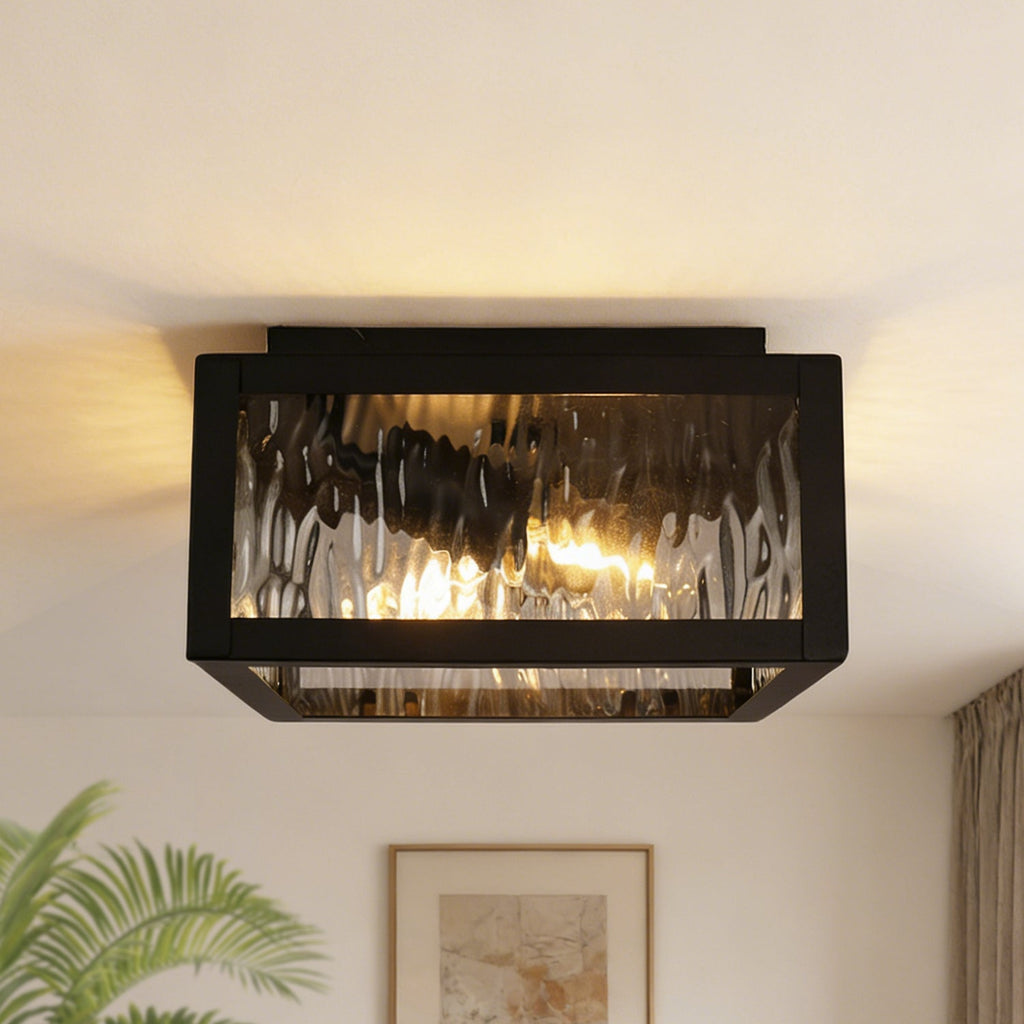 Jandcase 8.8 in. 2-Light Traditional Flush Mount Ceiling Light with Ripple Glass Shade and Sand Black Finish, No Bulbs Included