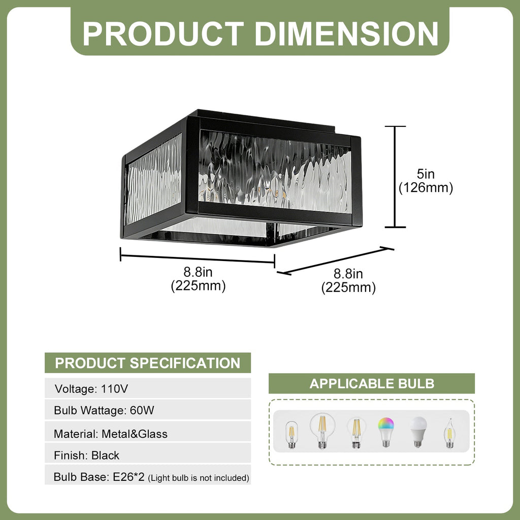 Jandcase 8.8 in. 2-Light Traditional Flush Mount Ceiling Light with Ripple Glass Shade and Sand Black Finish, No Bulbs Included