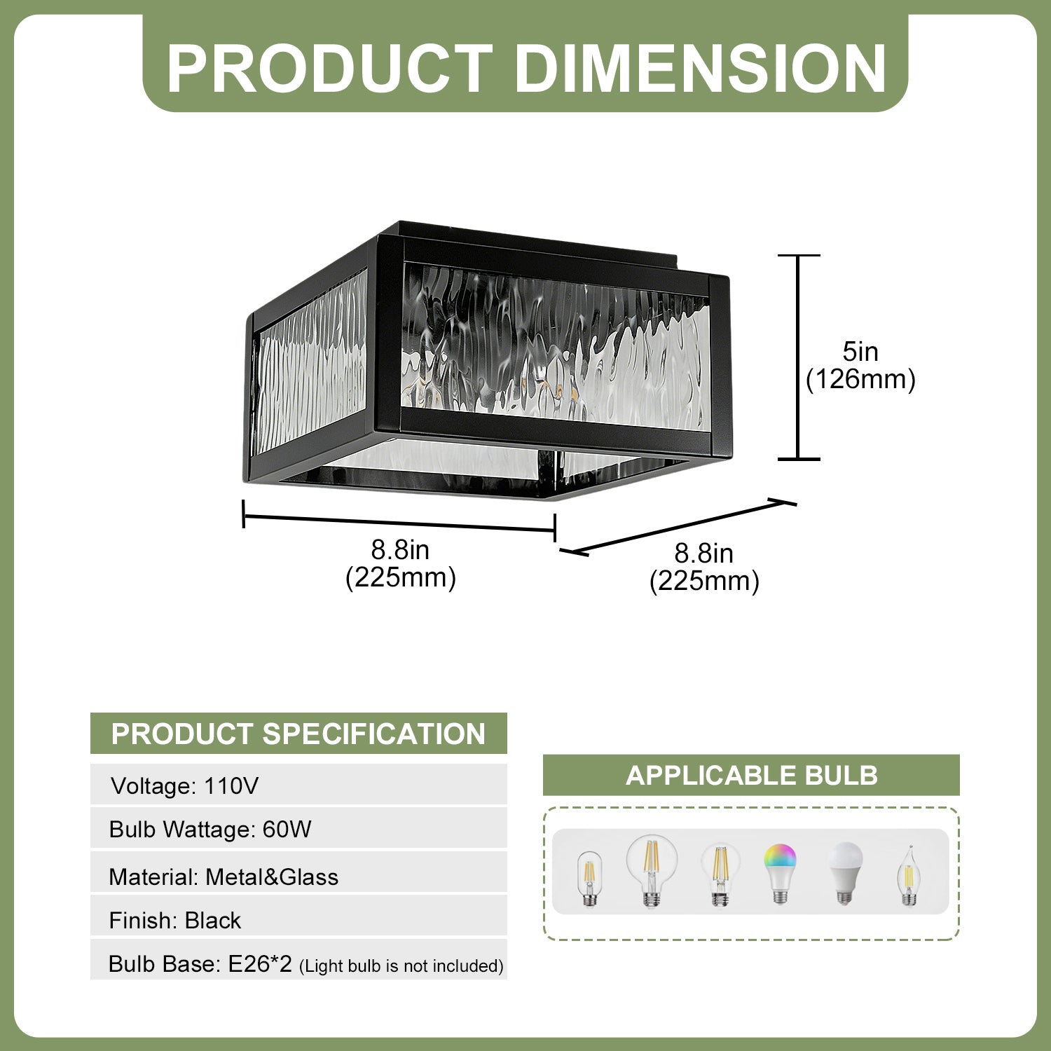 Jandcase 8.8 in. 2-Light Traditional Flush Mount Ceiling Light with Ripple Glass Shade and Sand Black Finish, No Bulbs Included