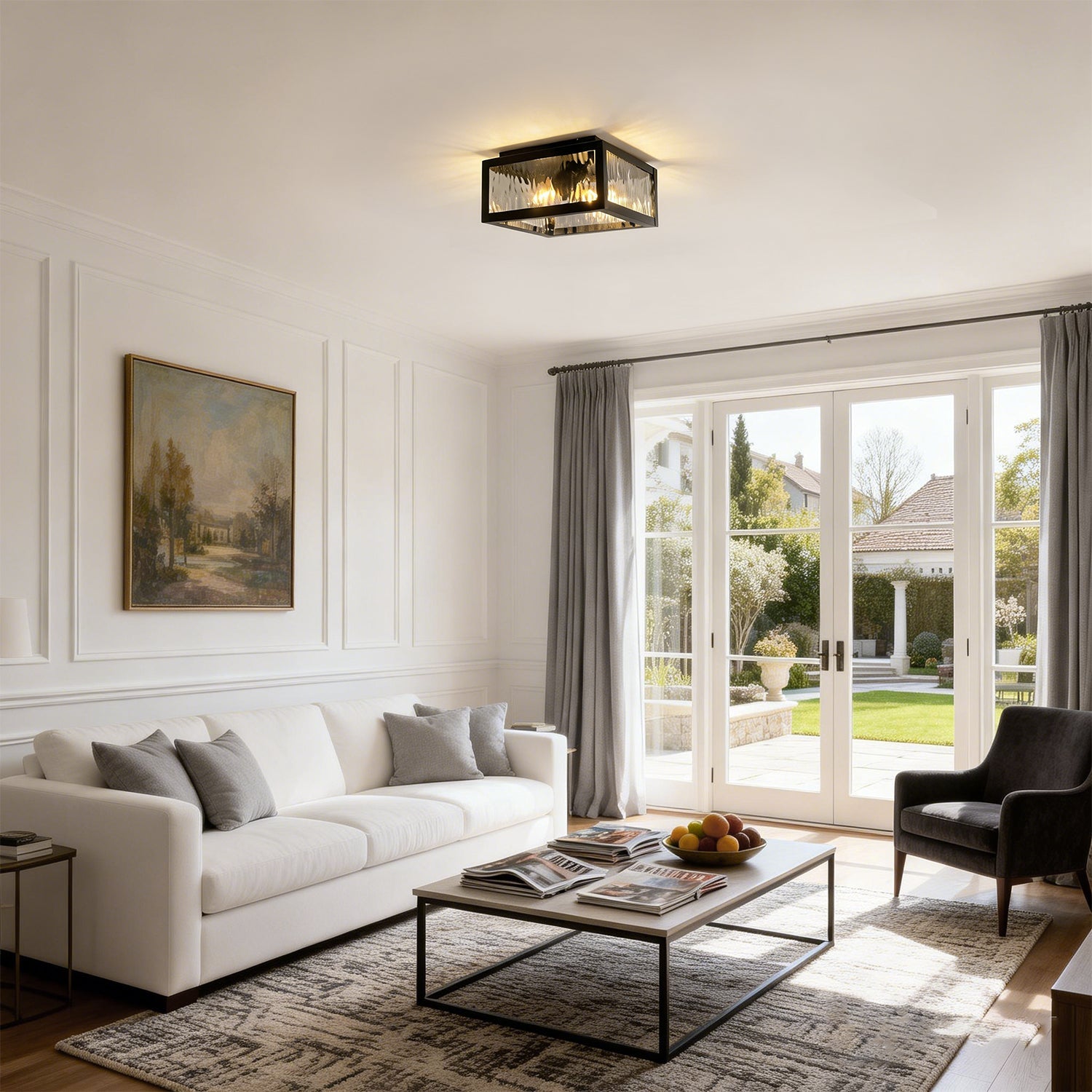 Jandcase 8.8 in. 2-Light Traditional Flush Mount Ceiling Light with Ripple Glass Shade and Sand Black Finish, No Bulbs Included