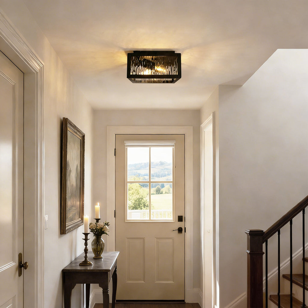 Jandcase 8.8 in. 2-Light Traditional Flush Mount Ceiling Light with Ripple Glass Shade and Sand Black Finish, No Bulbs Included