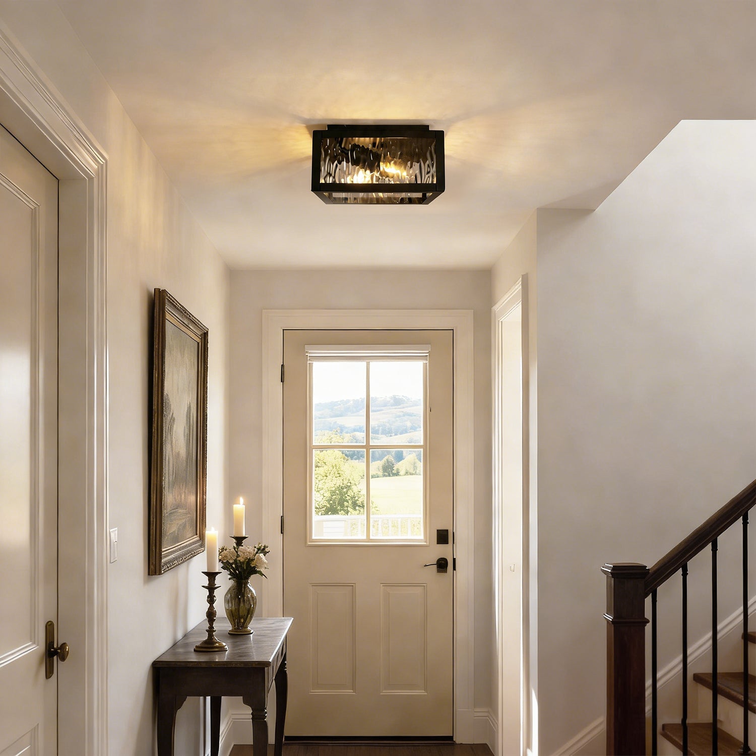 Jandcase 8.8 in. 2-Light Traditional Flush Mount Ceiling Light with Ripple Glass Shade and Sand Black Finish, No Bulbs Included