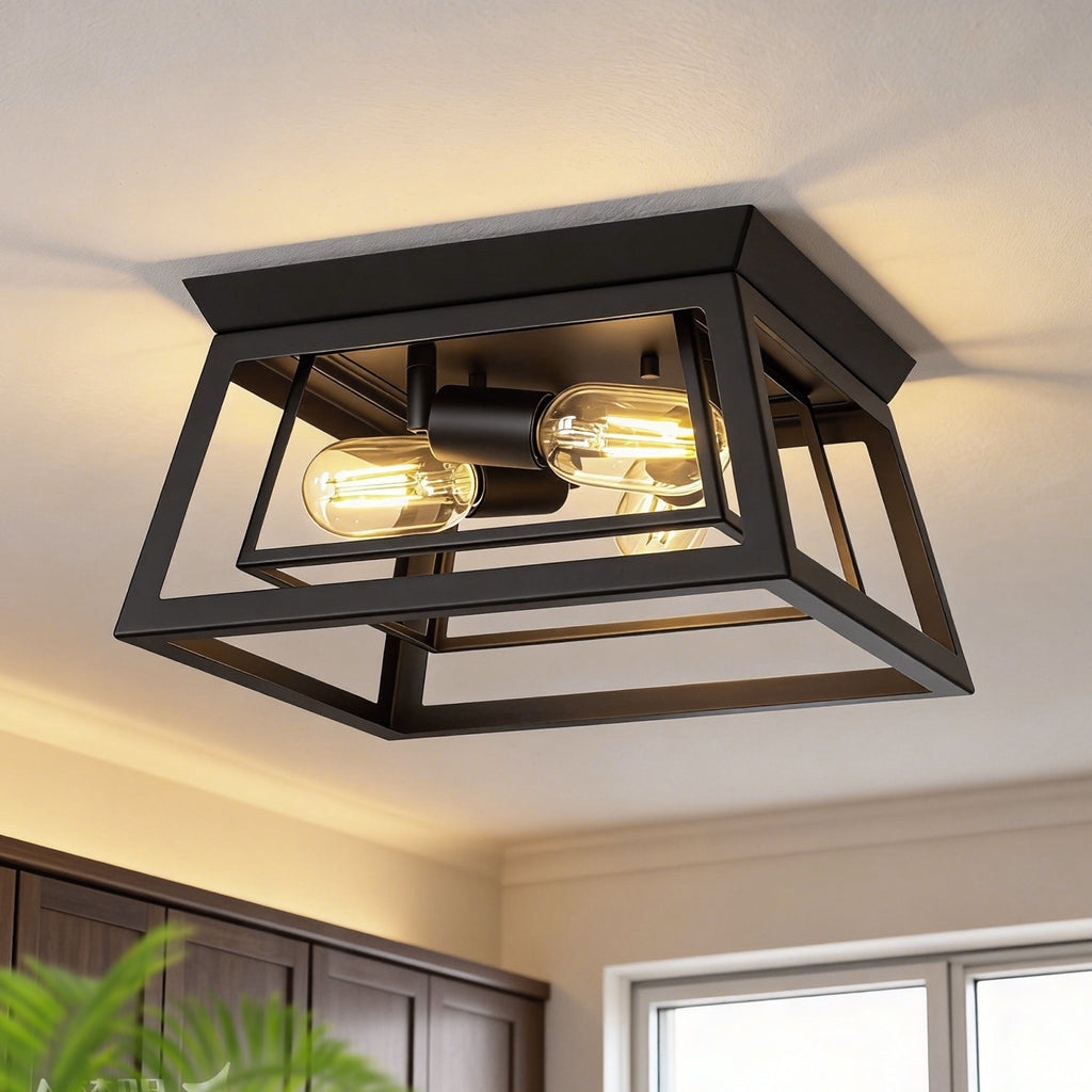 Jandcase 14 in. 3-Light Matte Black Traditional Flush Mount Ceiling Light with Double-Layer Open Frame Shade, No Bulbs Included