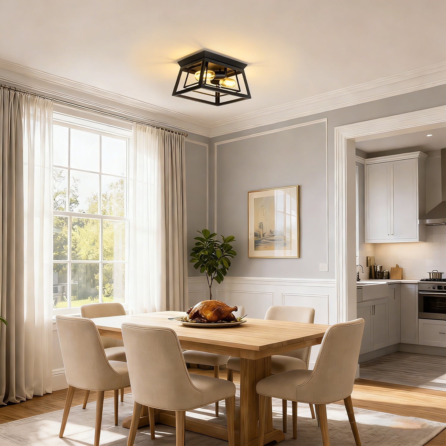 Jandcase 14 in. 3-Light Matte Black Traditional Flush Mount Ceiling Light with Double-Layer Open Frame Shade, No Bulbs Included