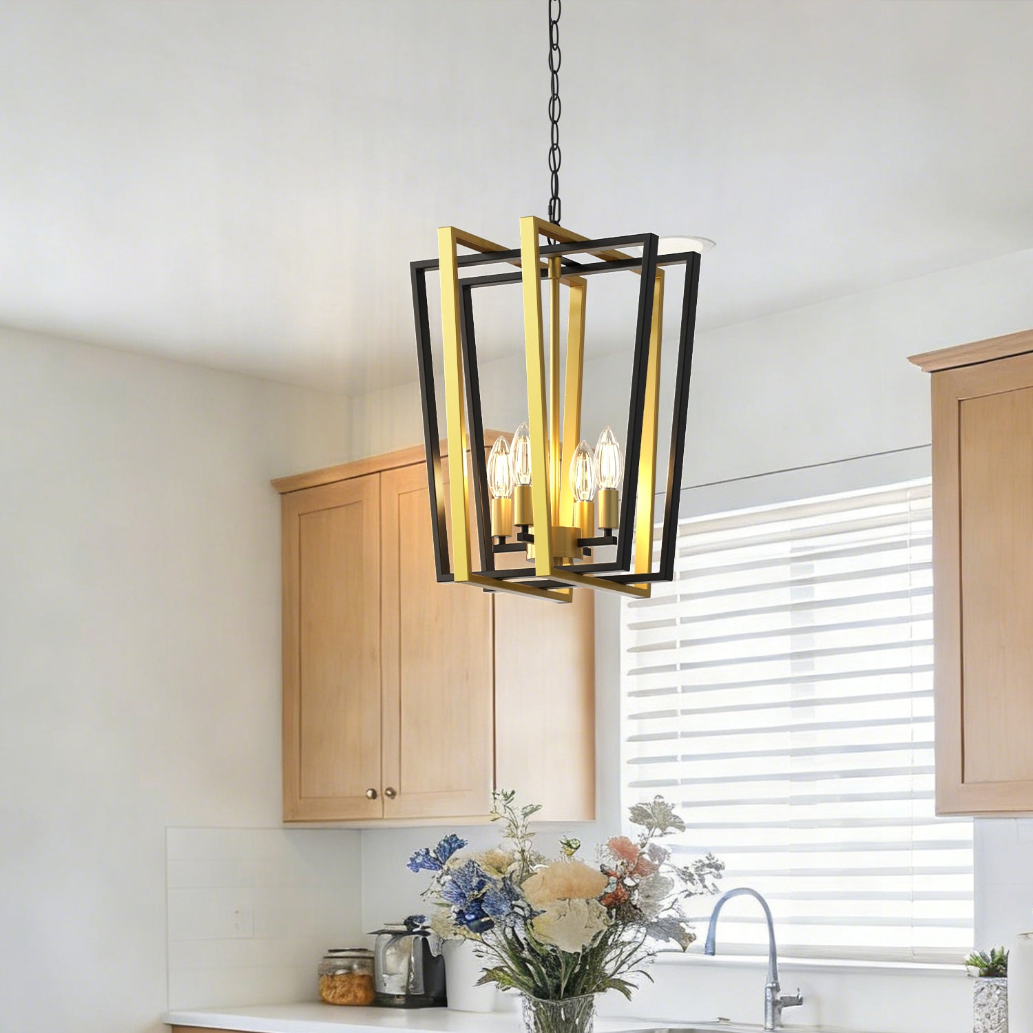 Jandcase Farmhouse 4 Light Matte Matte Black an Copper Inverted Frustum Chandelier with Metal Square Lampshade, No Bulb Included