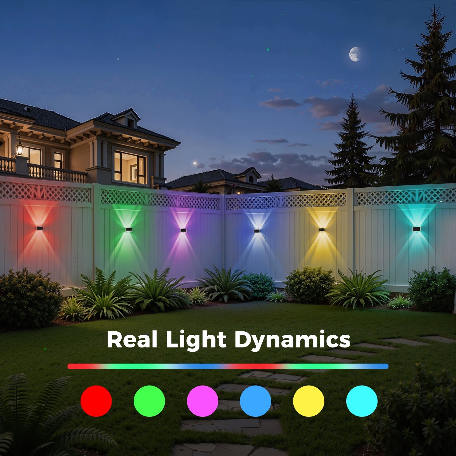 Jandcase 12-Pack Solar Fence Lights Outdoor, RGBW, Dusk to Dawn, 4 LEDs Up & Down, Waterproof Plastic, Black