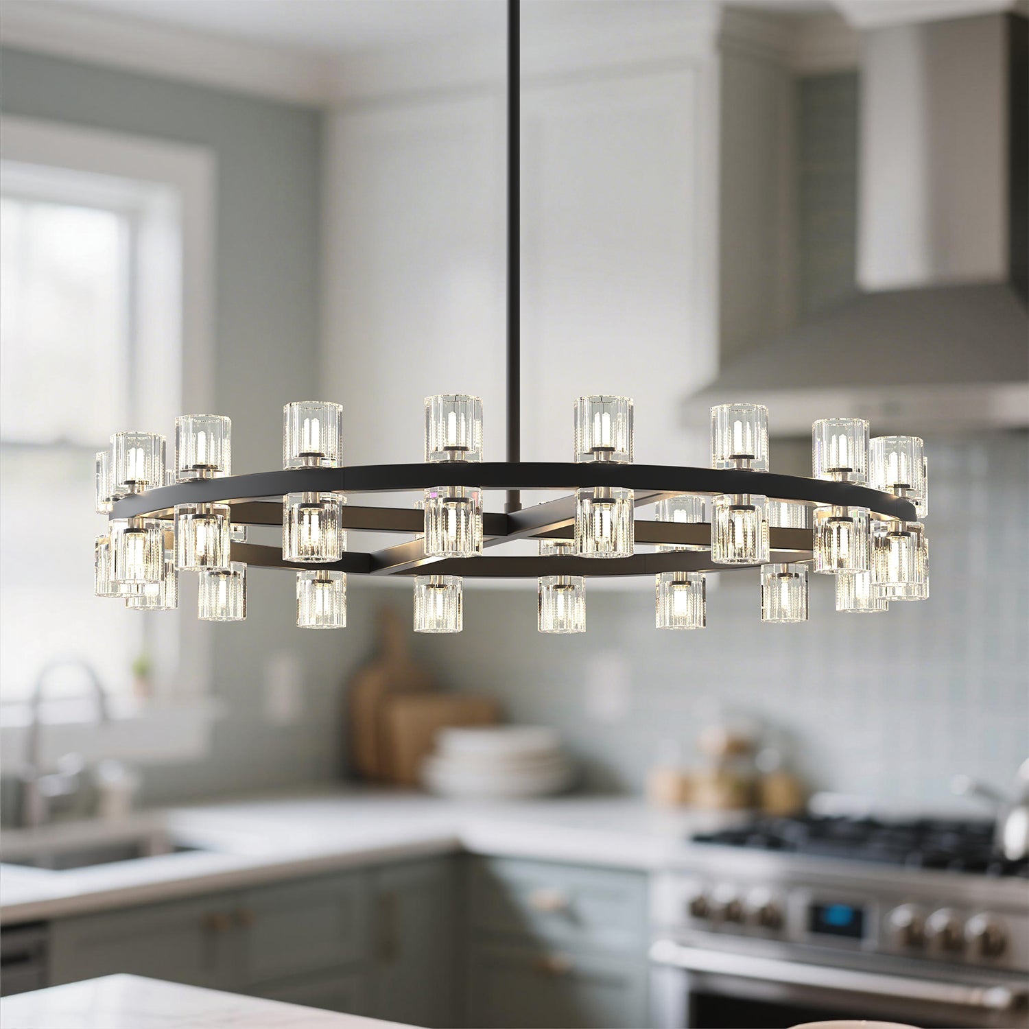Jandcase 36 in. 36 Light Matte Black Wagon Wheel Chandelier with Crystal Shade and G4 LED Bulbs Included for Kitchen