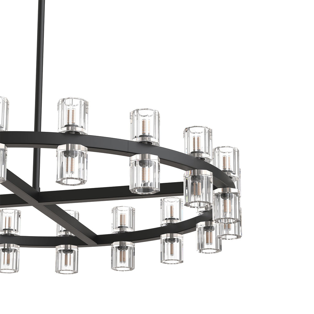 Jandcase 36 in. 36 Light Matte Black Wagon Wheel Chandelier with Crystal Shade and G4 LED Bulbs Included for Kitchen