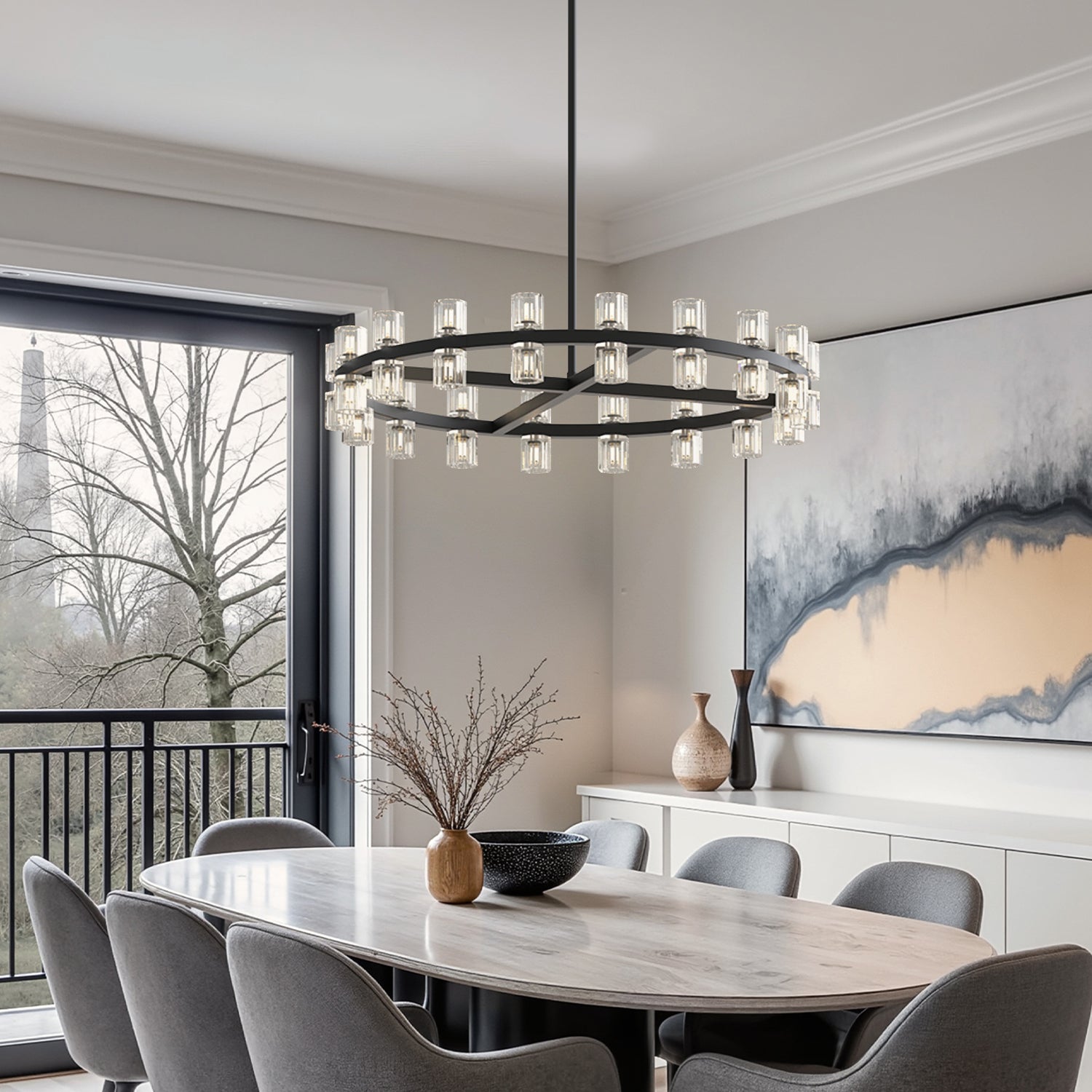 Jandcase 36 in. 36 Light Matte Black Wagon Wheel Chandelier with Crystal Shade and G4 LED Bulbs Included for Kitchen