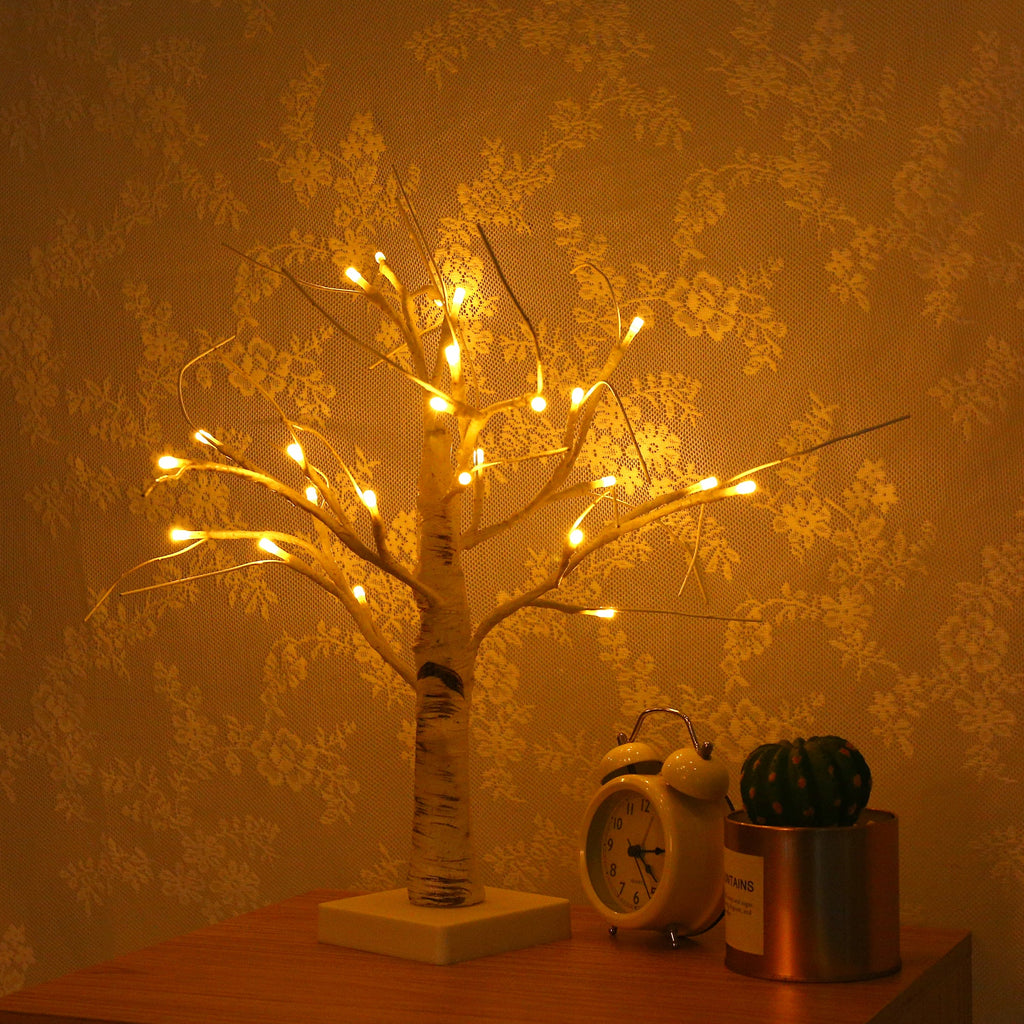 Jandcase 17.7in LED Birch Tree Light Warm White Tabletop Decorative Tree Lamp with Square Base for Bedroom Holiday D¨¦cor