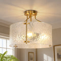 Jandcase 15.4 in. 3-Light Drum Antique Copper Semi-Flush Mount Ceiling Light with Clear Ripple Glass Shade, for Kitchen, Hallway
