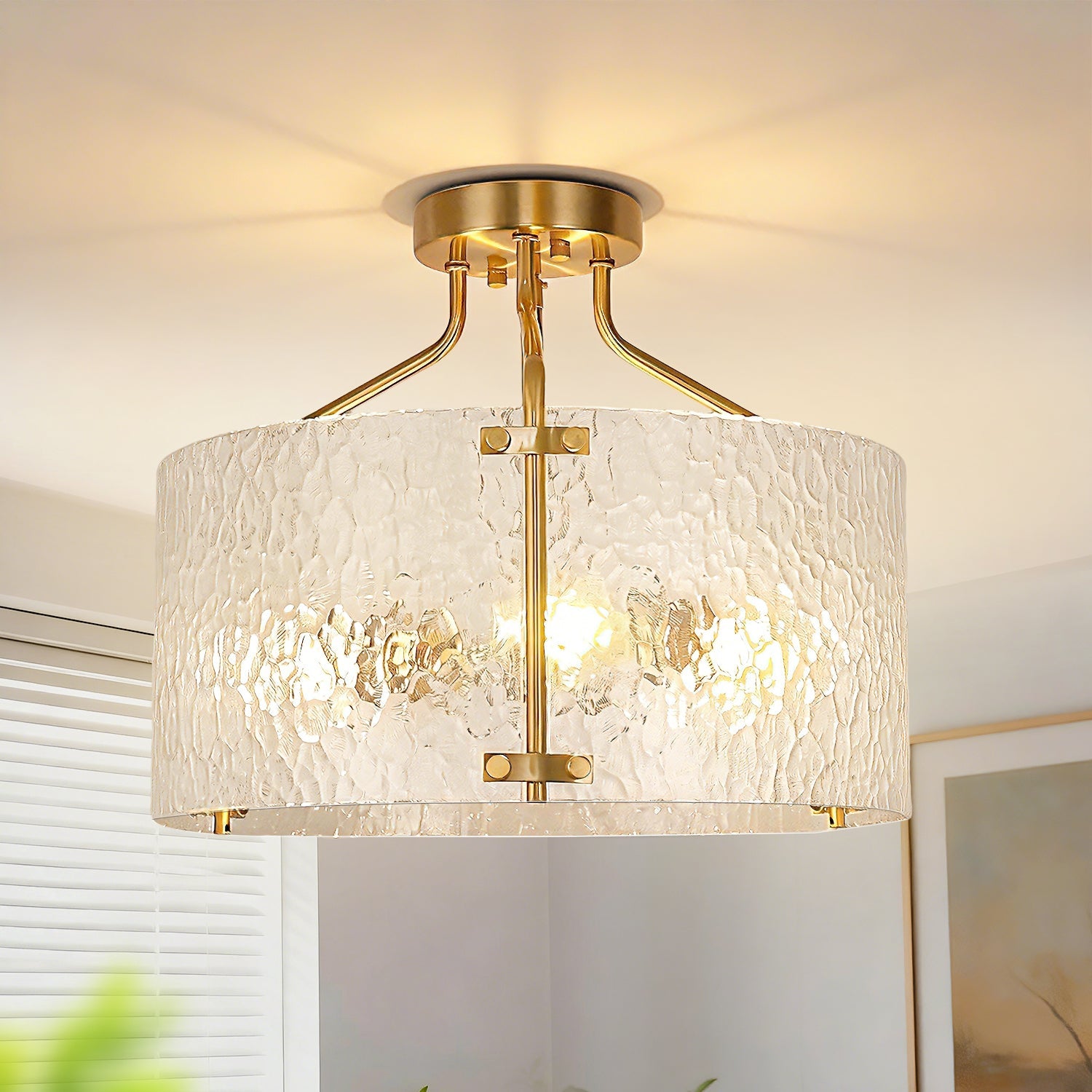 Jandcase 15.4 in. 3-Light Drum Antique Copper Semi-Flush Mount Ceiling Light with Clear Ripple Glass Shade, for Kitchen, Hallway