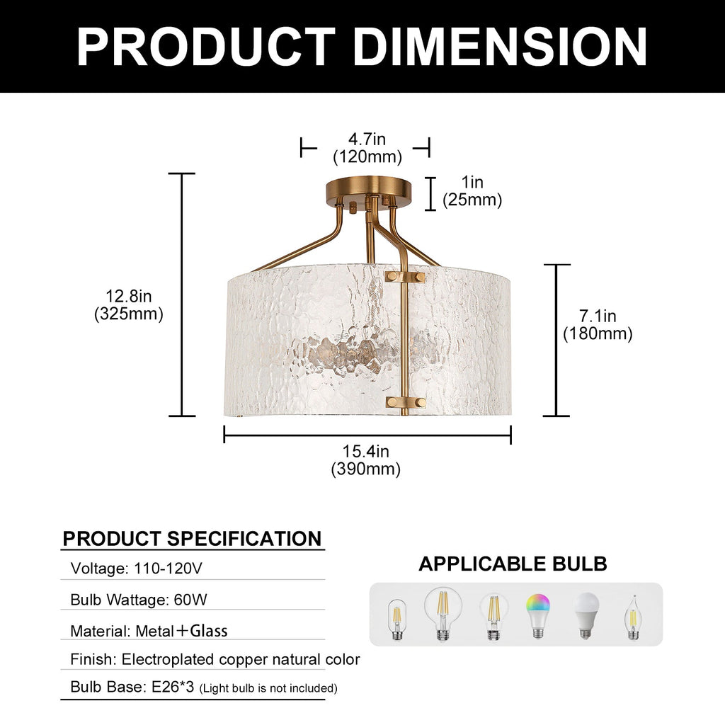 Jandcase 15.4 in. 3-Light Drum Antique Copper Semi-Flush Mount Ceiling Light with Clear Ripple Glass Shade, for Kitchen, Hallway