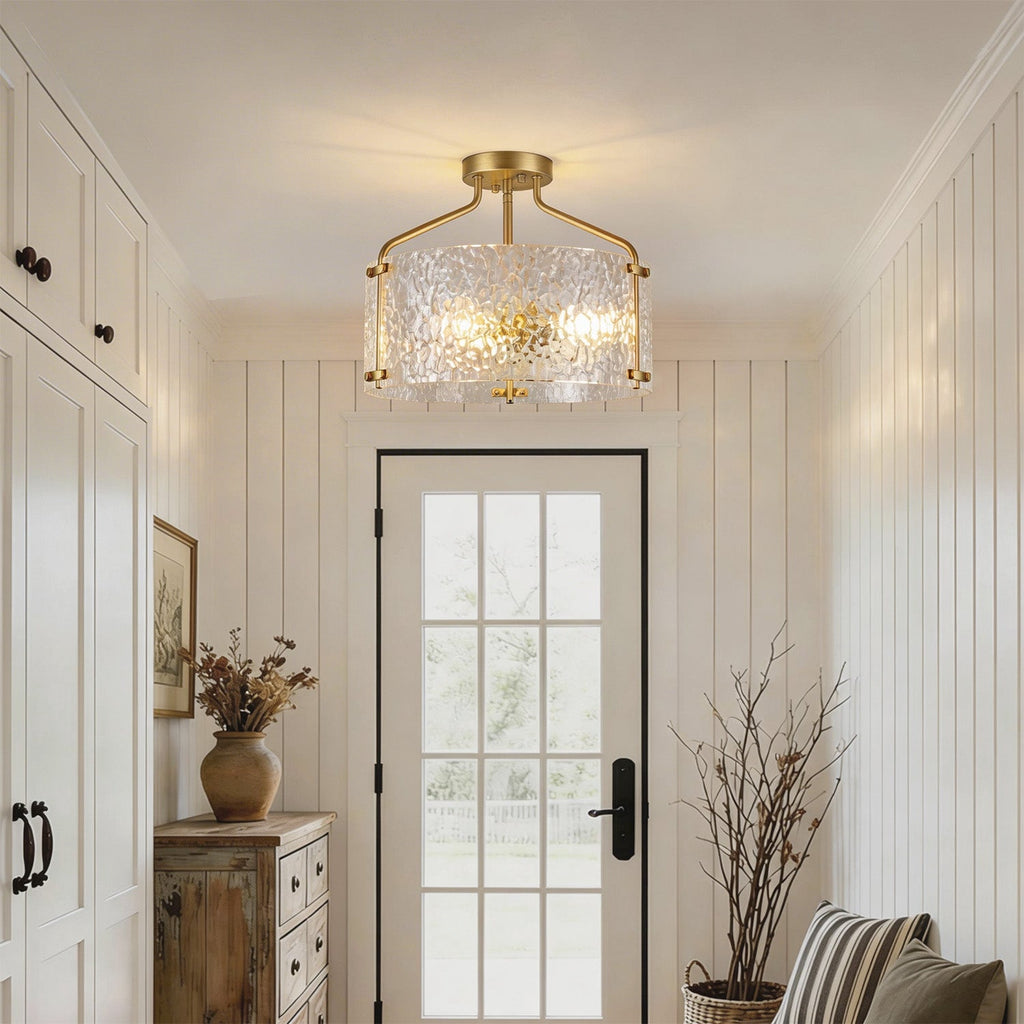 Jandcase 15.4 in. 3-Light Drum Antique Copper Semi-Flush Mount Ceiling Light with Clear Ripple Glass Shade, for Kitchen, Hallway