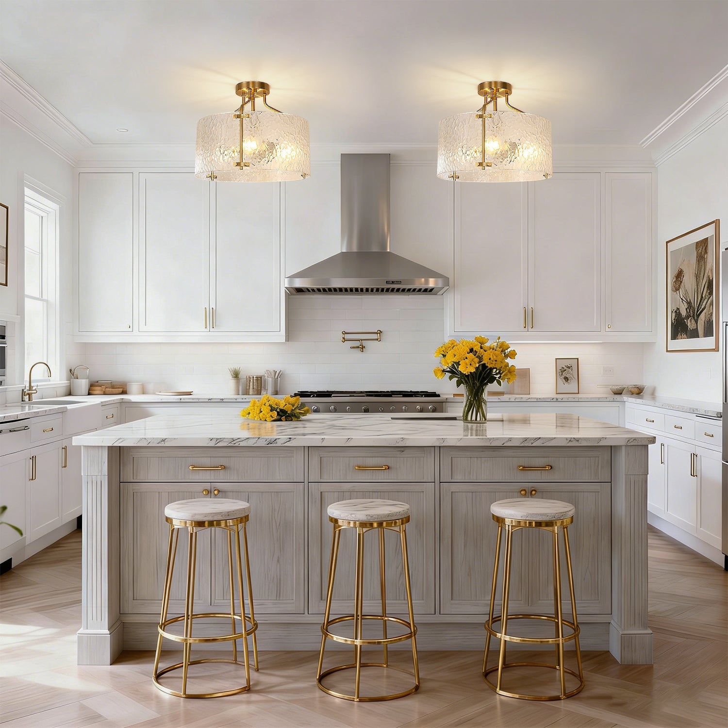Jandcase 15.4 in. 3-Light Drum Antique Copper Semi-Flush Mount Ceiling Light with Clear Ripple Glass Shade, for Kitchen, Hallway