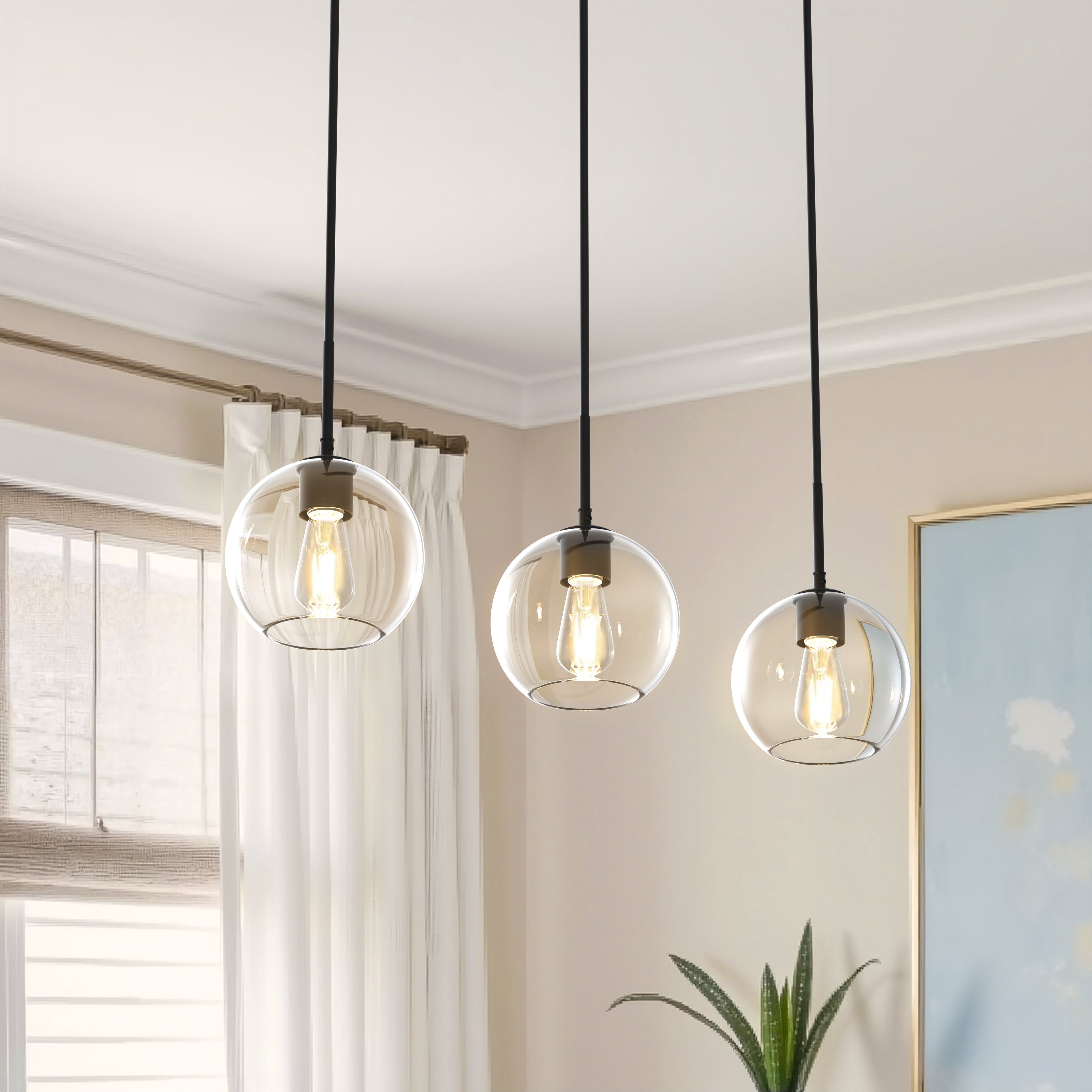 3 Light Island Pendant Light with Matte Black Finish & Clear Glass Globe for Dining Room and Kitchen, No Bulbs Included