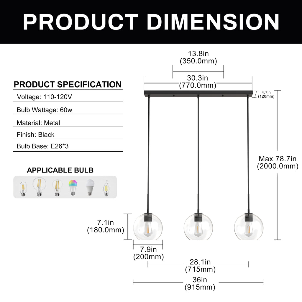 3 Light Island Pendant Light with Matte Black Finish & Clear Glass Globe for Dining Room and Kitchen, No Bulbs Included