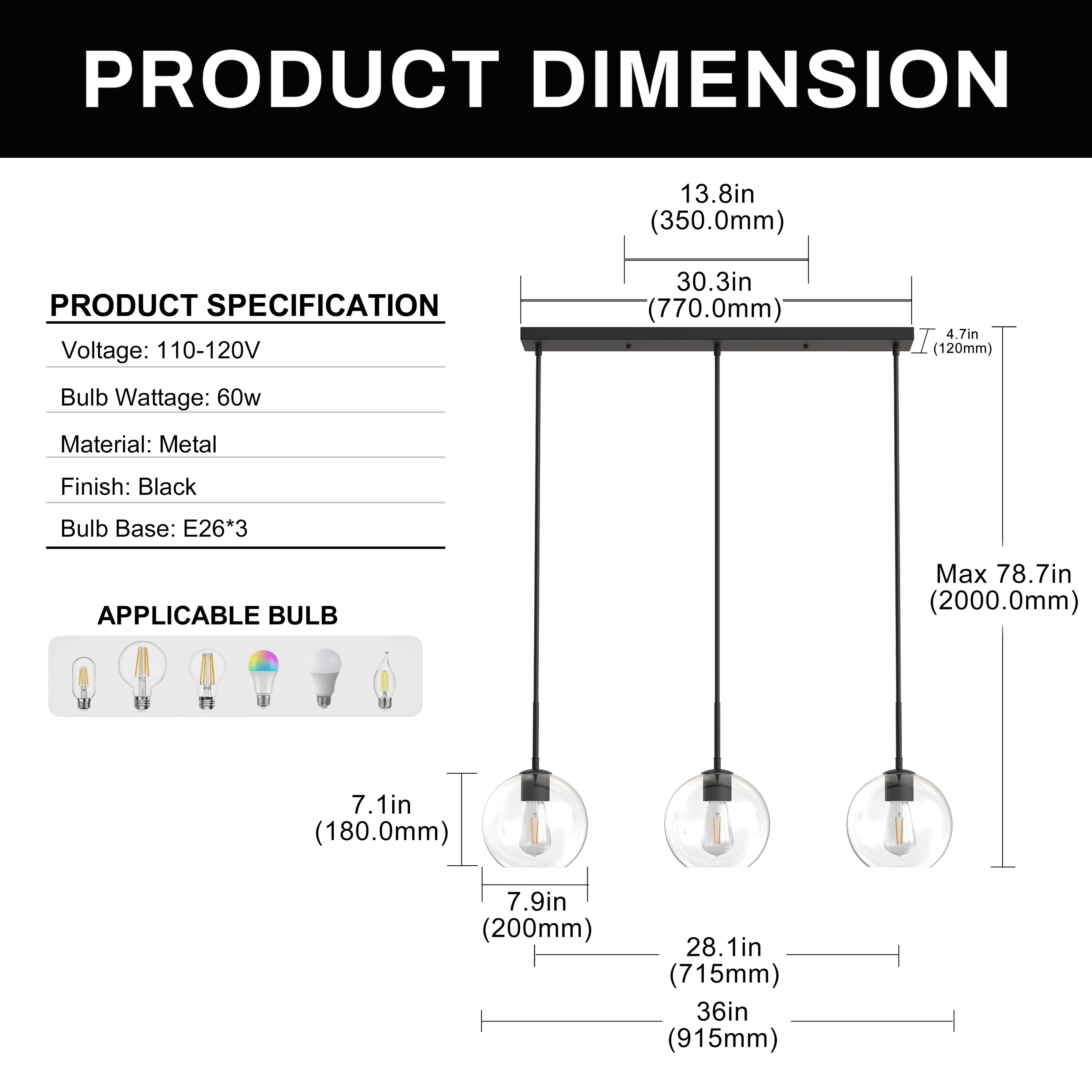 3 Light Island Pendant Light with Matte Black Finish & Clear Glass Globe for Dining Room and Kitchen, No Bulbs Included