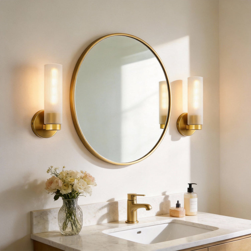 Jandcase 4.1 in. 1-Light Striped Frosted Glass Wall Sconce, Copper Finish Metal, 2-Pack, E26 Bulb Not Included