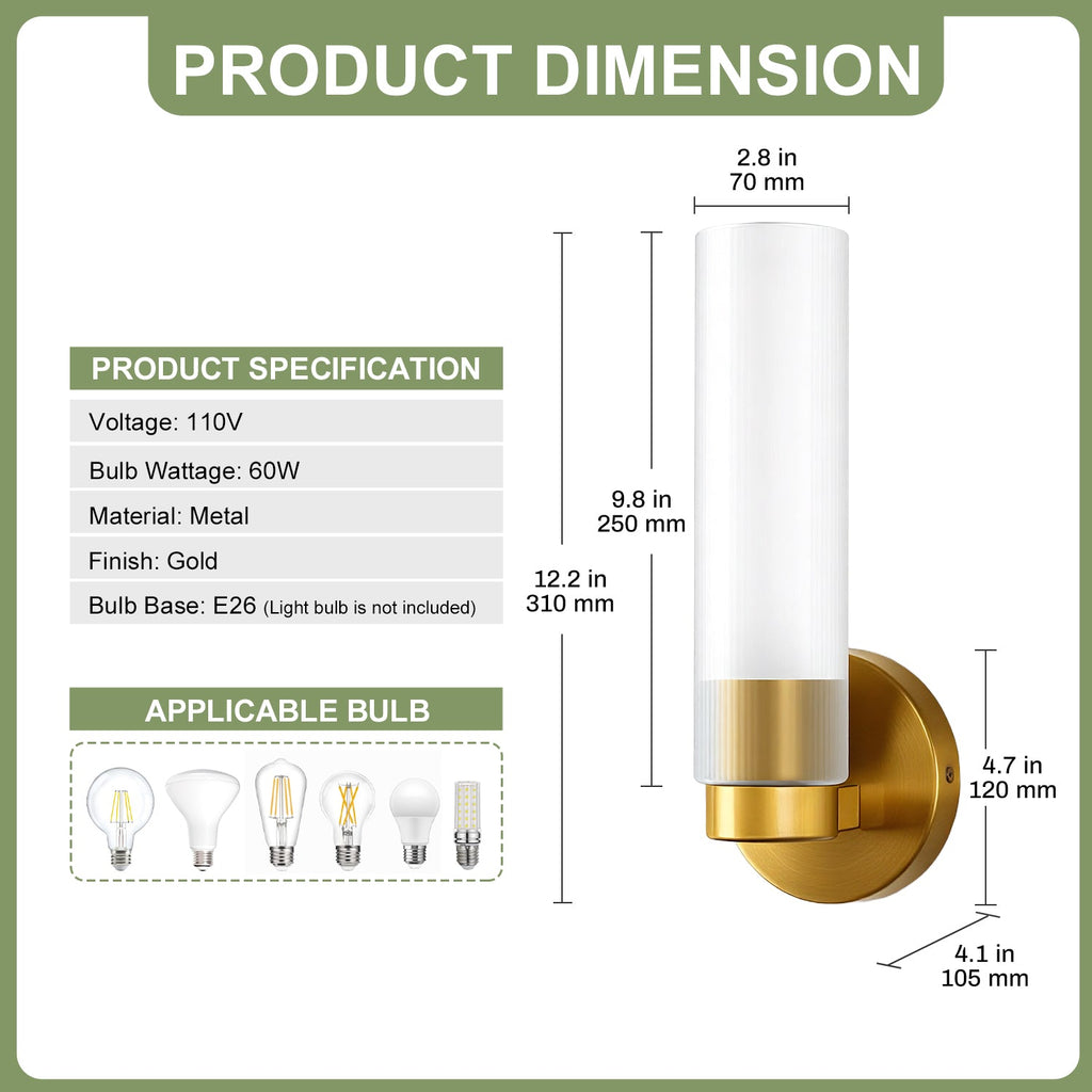 Jandcase 4.1 in. 1-Light Striped Frosted Glass Wall Sconce, Copper Finish Metal, 2-Pack, E26 Bulb Not Included