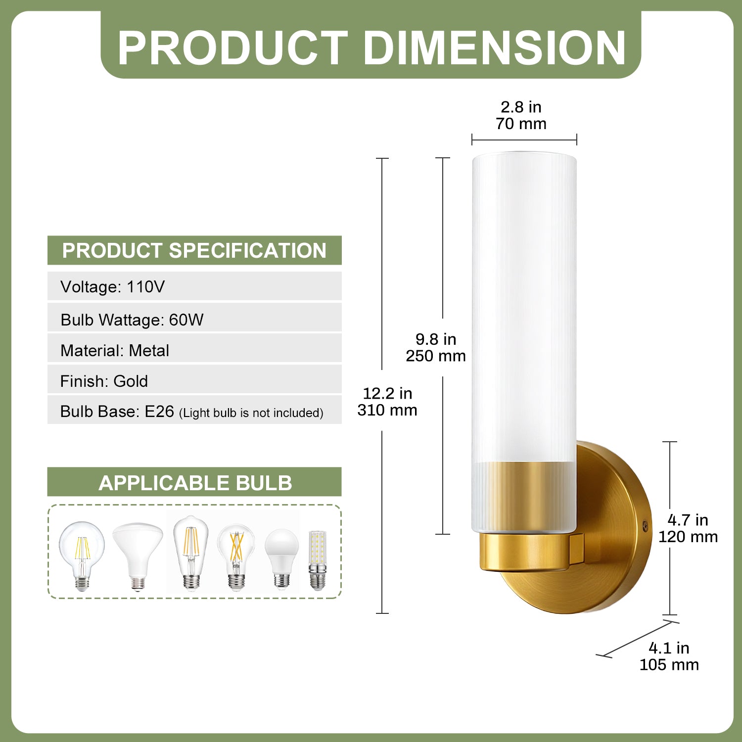 Jandcase 4.1 in. 1-Light Striped Frosted Glass Wall Sconce, Copper Finish Metal, 2-Pack, E26 Bulb Not Included