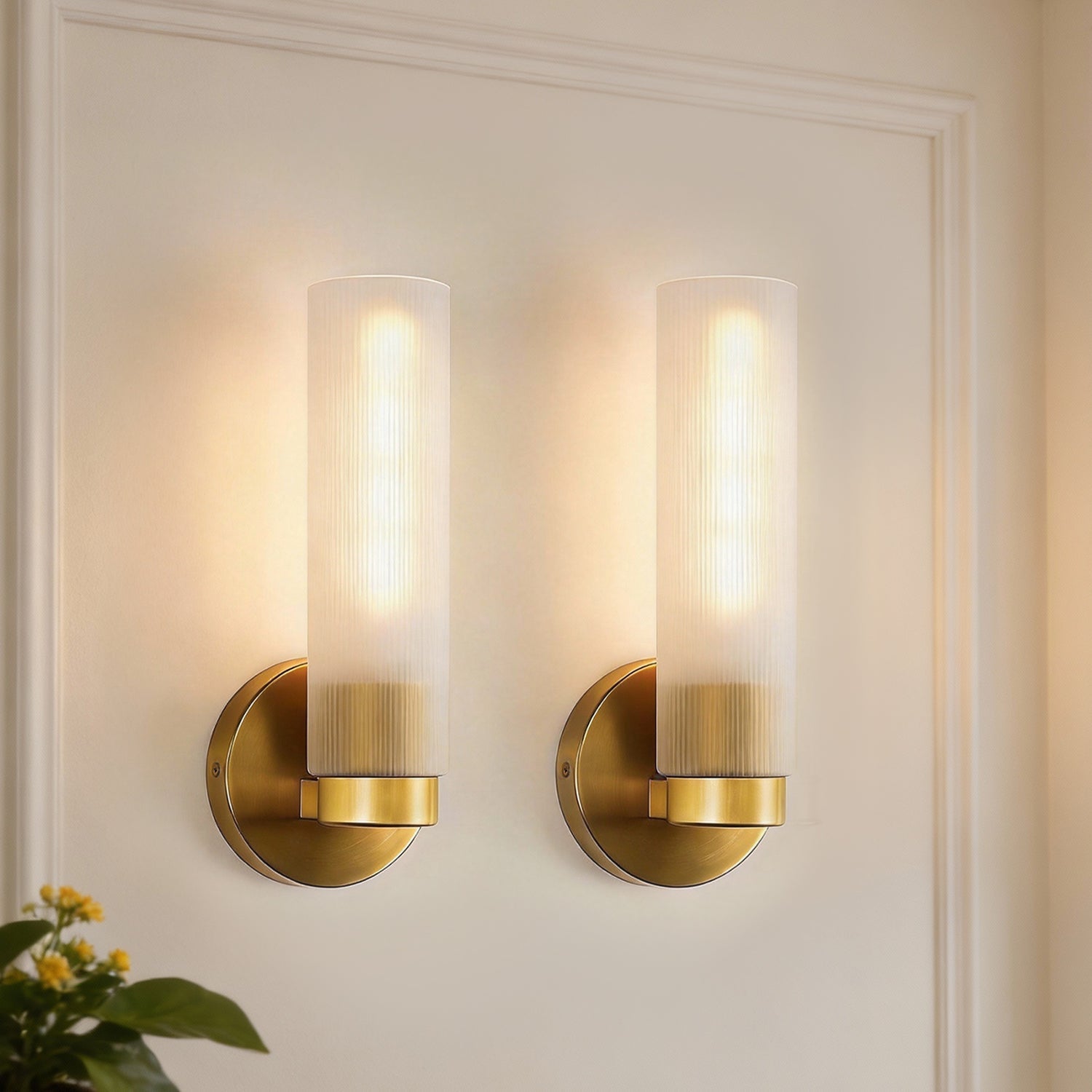 Jandcase 4.1 in. 1-Light Striped Frosted Glass Wall Sconce, Copper Finish Metal, 2-Pack, E26 Bulb Not Included