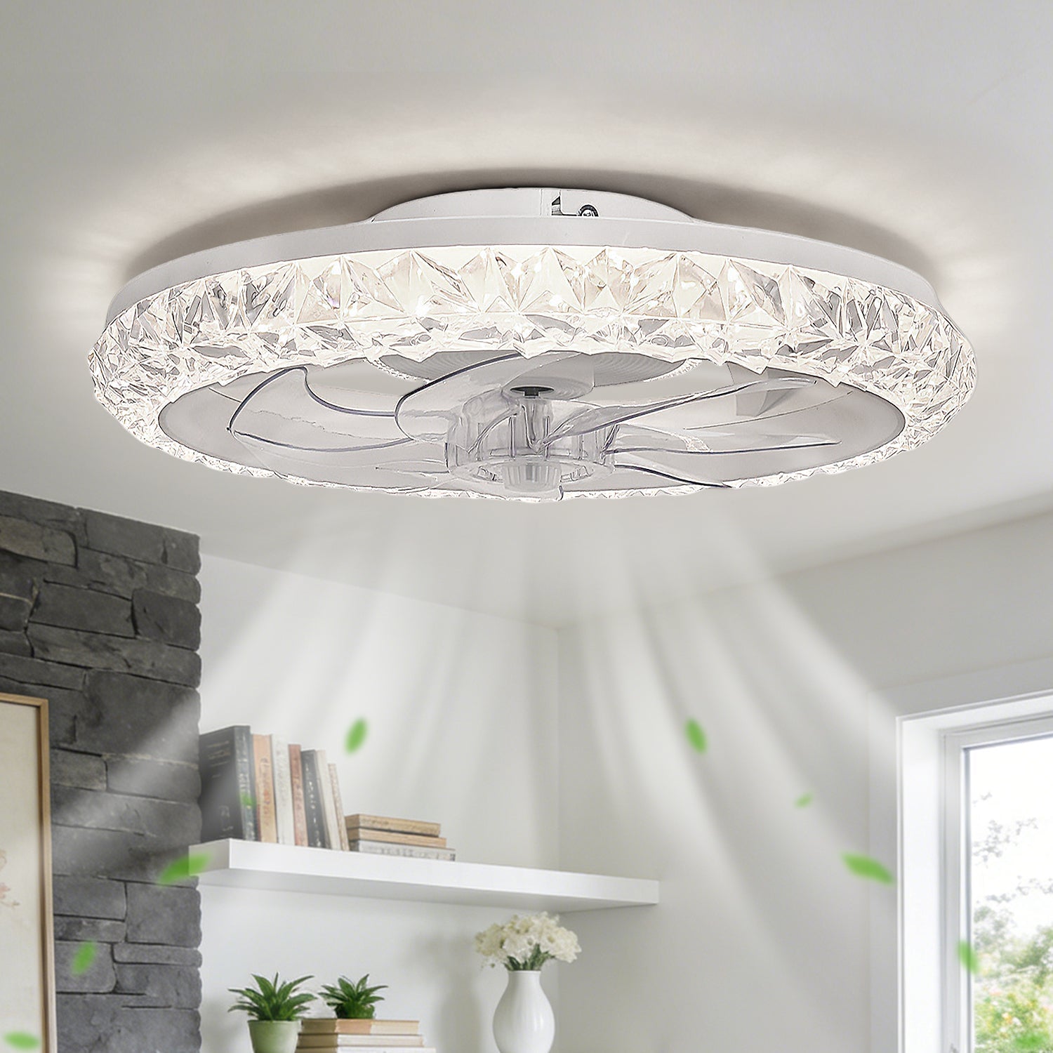 Jandcase 19 in. 15W 7-Blade White Crystal Ceiling Fan with Stepless Dimming and Night Light, Brightness Adjustment 3000 to 6500K